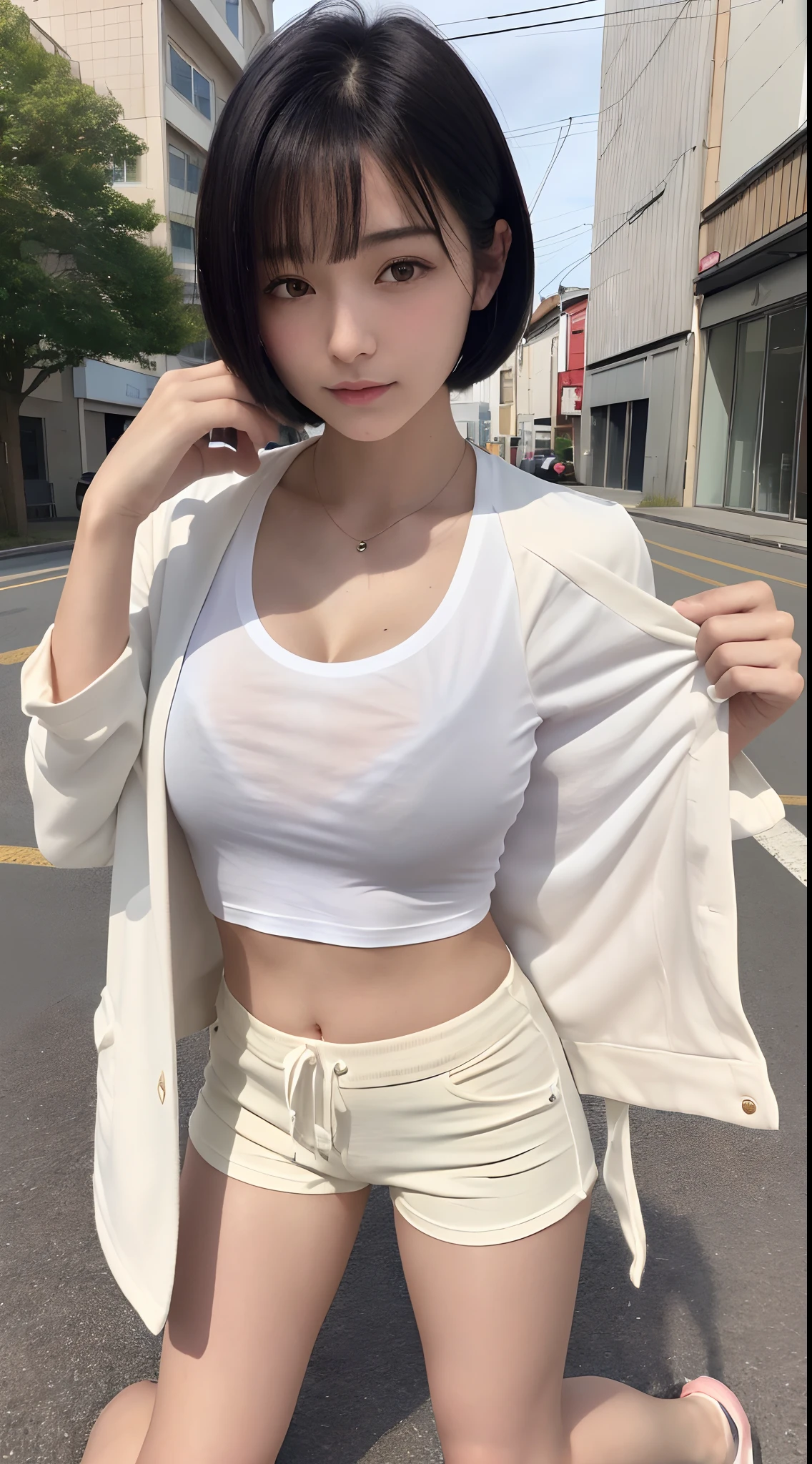 Beautiful woman with perfect figure:1.4,snow,Touching butt with both hands,snow background,Layered Hairstyle,White skin,Prominent cleavage,Pleated Skirt,whole body,Very delicate face and skin texture,Double eyelids,Skin Whitening,Long white hair