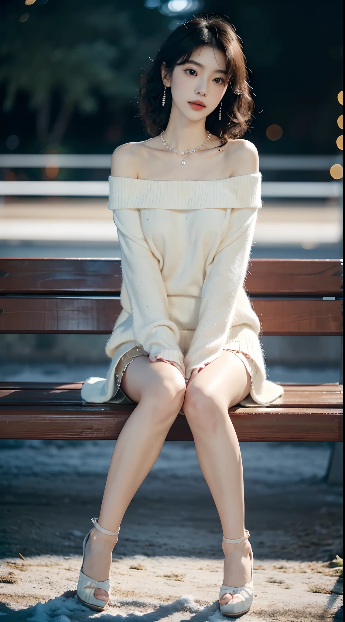 ((from below)), ((full body)), ((realistic)), (((off shoulder clothes))), 1girll, Pose for a picture, Asian model, (An extremely delicate and beautiful work), (Sweaters, short skirt), Highly detailed, curlies, long whitr hair, Delicate pearl necklace, Delicate earrings, Simple blurred background, Extreme detail description, Ultra-fine painting, Delicate face, slim toned body, Fine collarbones, (parks, sitting on a bench, nevando, Background bokeh), mix4,(8K, best qualtiy, Masterpiece:1.2), the night, nevando, Professional lighting, photon maping, Radio City, Physically-based rendering, (correct hand), (anatomy correct)