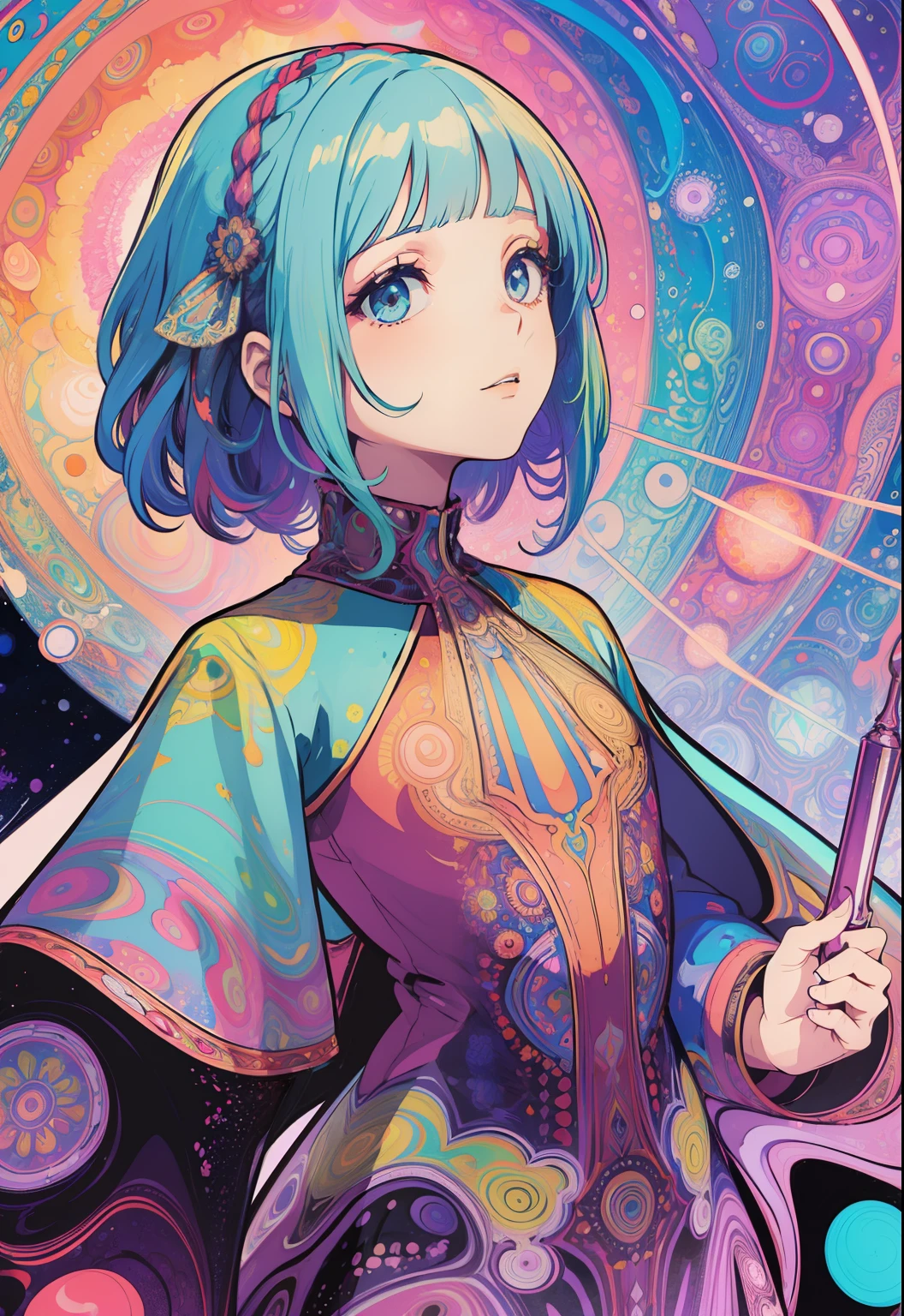 (psychedelic artwork:1.5), (de baixo:1.2), vestes angelicais, parte superior do corpo, galaxy, cores e mandalas, ambiente surreal, astronomical