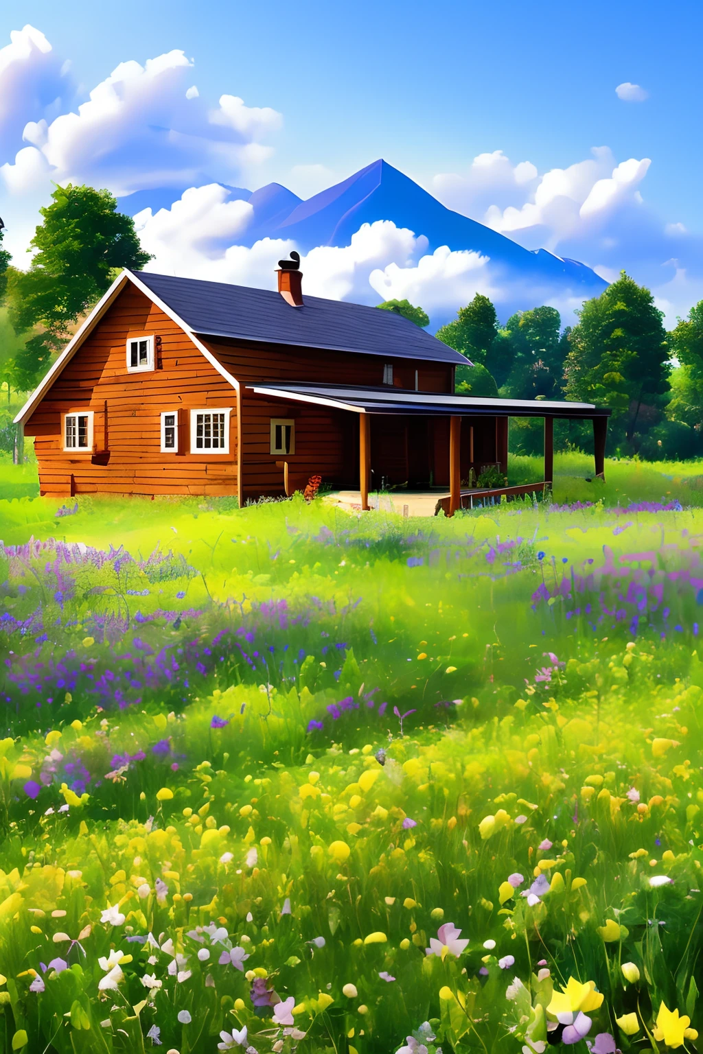 A wood house in forest with little farm nearby, mountain in distance, flowers, wooden fence, beautiful sky and clouds, 8k, printable --auto