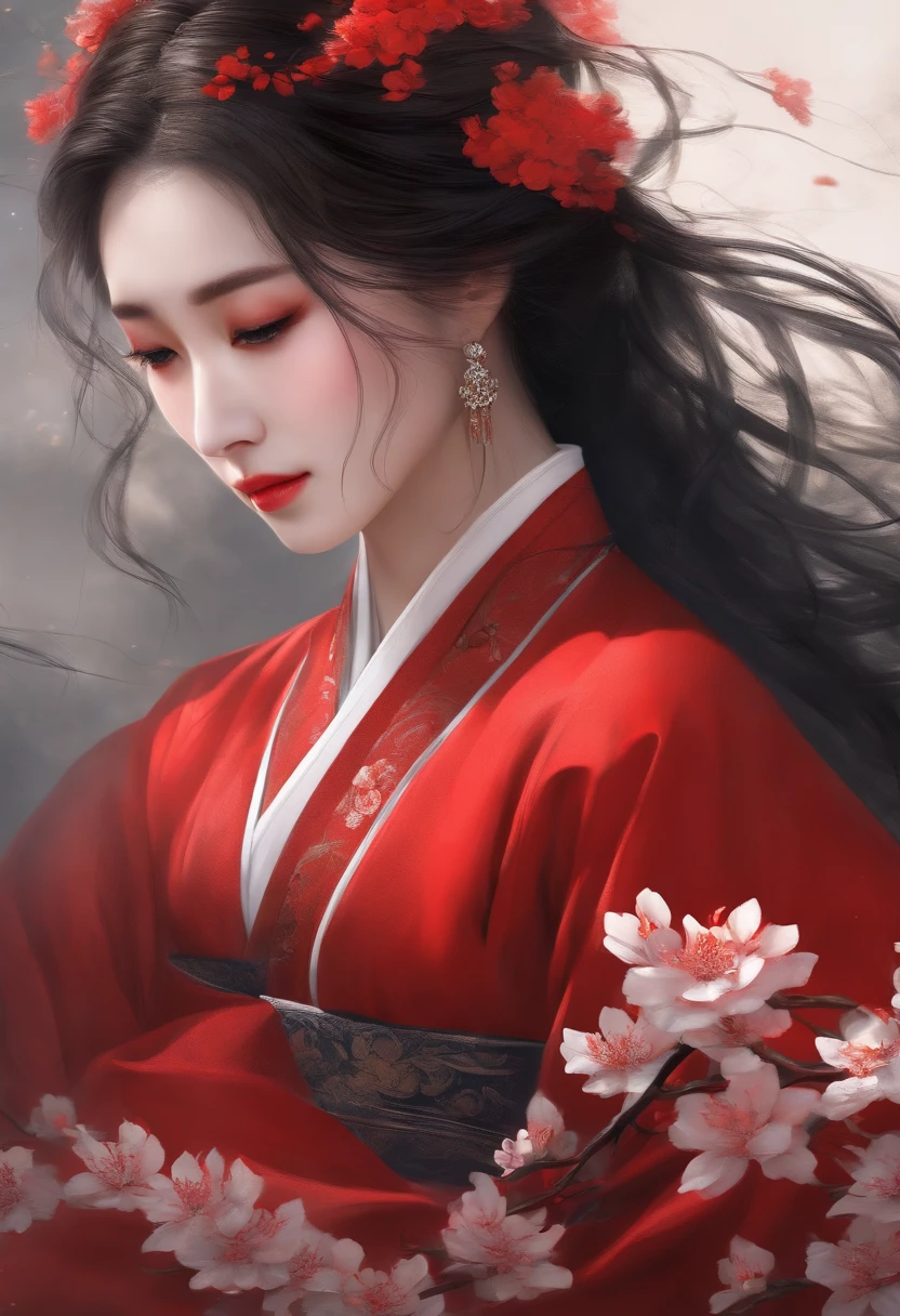 Super high quality, masterpiece, perfect illustration, extreme detail (exquisite light and shadow, highly dramatic picture,) Stroke, 1 girl, solo, (wearing red, black and white Hanfu,) flower field, flowers, (white smoke:1.3) (Realistic:1.4), Zen entanglement, tangled, official art, Unity 8k wallpaper, super detailed, beautiful and beautiful, masterpiece, best quality, (dynamic angle: 1.4), glowing skin, (floating colorful flashes: 1) the most beautiful chaotic forms, elegant, brutalist design, Bright colors, romantic depth of field exotic_dance, half_naked