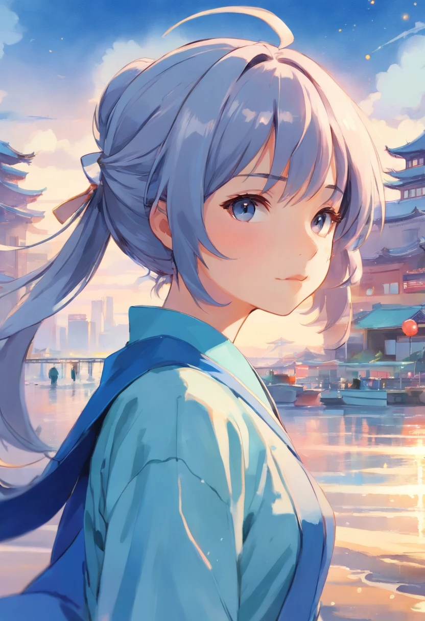 Girl watercolor art by ghy, charming anime characters, in the style of light silver and sky blue, chinese brushwork, traditional oil painting techniques, digital illustration, the girl is wearing a double ponytail, short hair,rich Background --niji 5 --ar 4:7 --relax