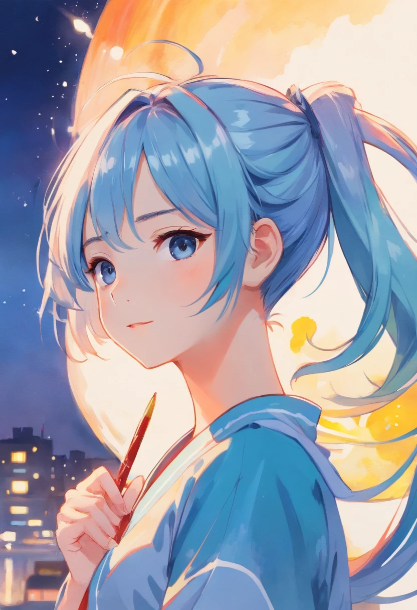 Girl watercolor art by ghy, charming anime characters, in the style of light silver and sky blue, chinese brushwork, traditional oil painting techniques, digital illustration, the girl is wearing a double ponytail, short hair,rich Background --niji 5 --ar 4:7 --relax