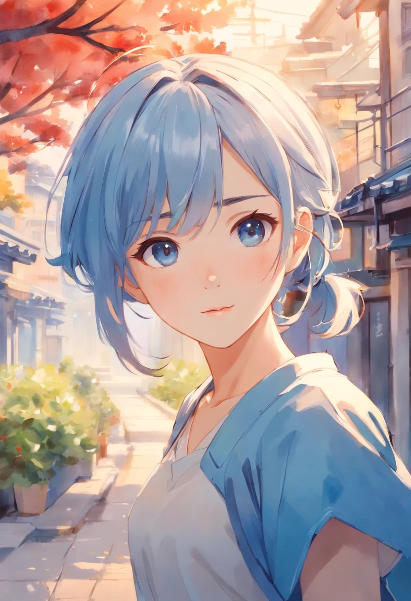Girl watercolor art by ghy, charming anime characters, in the style of light silver and sky blue, chinese brushwork, traditional oil painting techniques, digital illustration, the girl is wearing a double ponytail, short hair,rich Background --niji 5 --ar 4:7 --relax