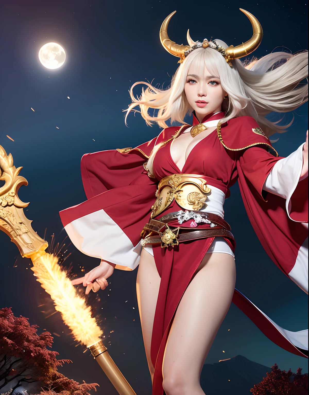 Professional , ​masterpiece、top-quality、photos realistic , depth of fields 、（fullmoon：1.2）、（shooting stars：0.9）、（nebulas：1.3）、（White bikini armor)、（Mystical expression）、（（Fight dragons））,(Wear a beautiful kimono),（Wear a beautiful kimono with colorful floral patterns）、Jewel Gold Weapon、Particles of light),（Has a devil's mask）、Gorgeous gold weapons ,（（ Gorgeous Dragon Sword）） , （Fox Mask）,,（maikurobikini） 、（（White hair））、（Castle background）、（demonic wings）、（（Gangle's forest background））、Beautiful Caucasian beauty、１a person、dynamic ungle,(((Two devil's horns on the head)))、Smaller head、Idle Smile、Thin and beautiful female hands、Mystical expression、Light Effects、intense fighting、Wind-effect、magic circles、With the legendary magic wand、Dragon's tail、