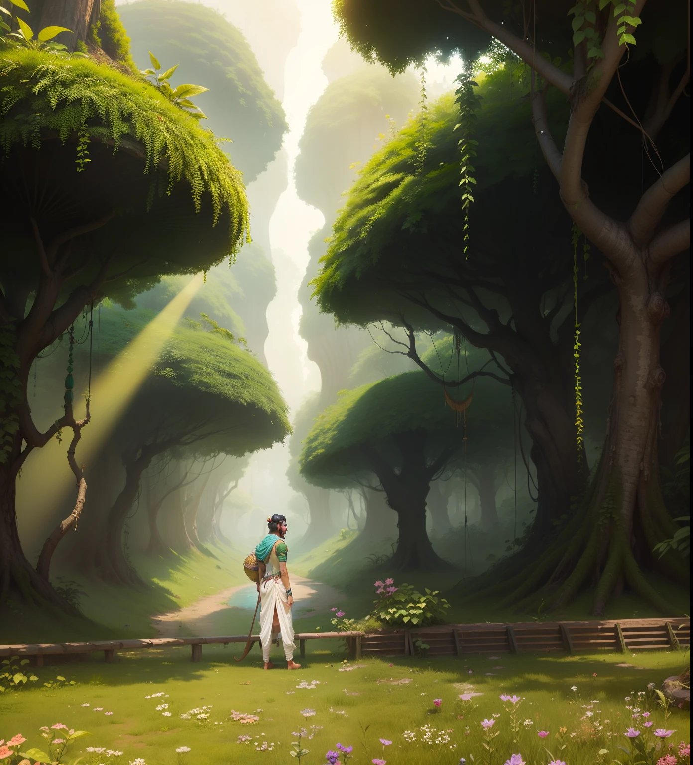 Change background, vrundavan background, jungle, greenary, lord krishna realistic