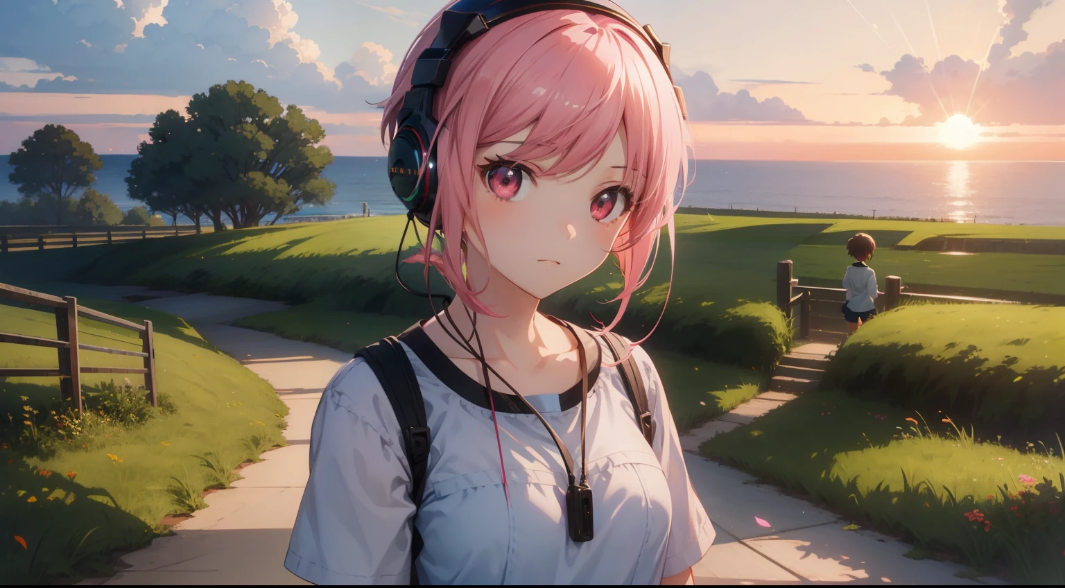 Large grasslands、landscapes、Movie stills、Sea、Sunset in the city（Spark：0.7）、Scenery like Makoto Shinkai、pink shorth hair、Pink eyes、headphones、kawaii、eyes large