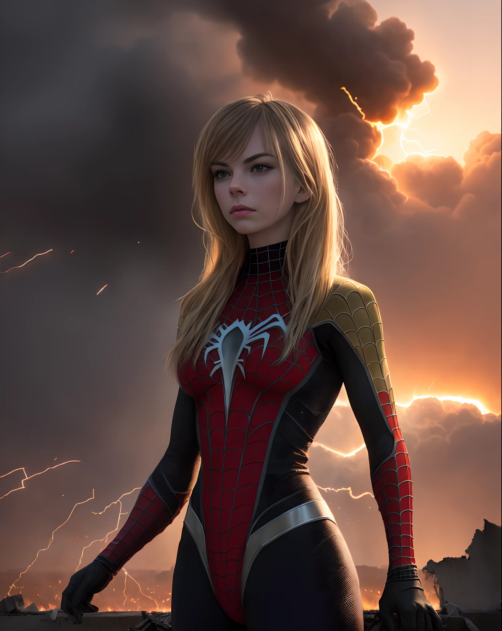 Gwen Stacy em traje marrom detalhado do Homem-Aranha, seios grandes, super hero pose, Standing in the ruined city at sunset, hiperdetalhado, smoke billowing, Sparks, raios solares, (8k), realista, symmetr, premiado, cinematographic lightning, encharcado, filme, 75mm, Scratches, foto de corpo inteiro, close-up, roupas rasgadas e sujas, rosto detalhado,