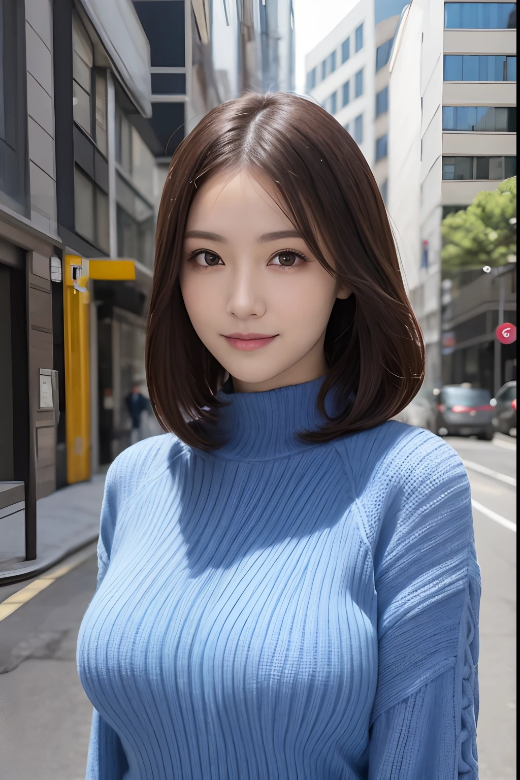 masutepiece, Best Quality, Photorealsitic, finely detail, hight resolution, 8K Wallpapers, Perfect dynamic composition, Beautiful detailed eyes, Medium Hair, large full breasts, Random and sexy poses, Bring your chest together, (Sheer Blue Knitwear), Breast bulge, A smile, Urban landscape, 25-years old, drooing eyes, Adult beauty, japanes