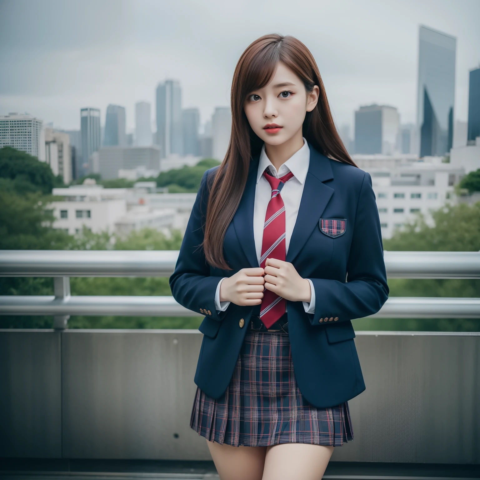 Perfect Lighting, masutepiece, Realistic, 1girl in, Bokeh, depth of fields, Jacket, (Red lips:0.5), dark red hair, White shirt, wing collar, neck tie, Plaid, plaid skirts, Large breasts, nabel, School uniform, Blazer, Blue jacket, Collared shirt, blue necktie, Shirt, Miniskirt, thighs thighs thighs thighs, lowfers, Solo, cityscape in background, Looking at Viewer, Standing,