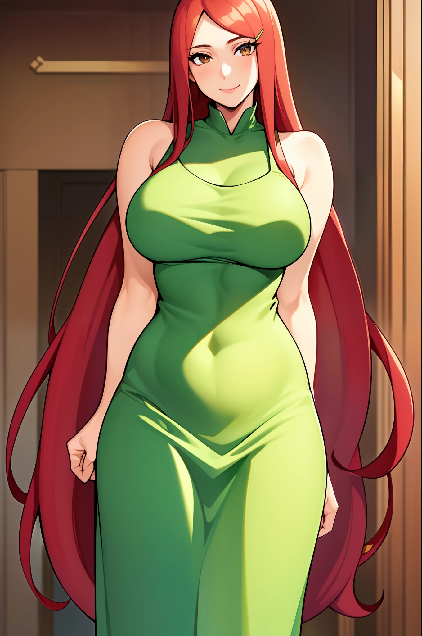 uzumaki_kushina, large_breasts, standing, solo, kushina_green_dress, masterpiece, best quality, detailed face, detailed eyes, highres,uzumaki_kushina, large_breasts, standing, solo, kushina_green_dress, green apron, long apron, beige dress, long dress, tight dress, sleeveless dress, (masterpiece:1.2, best quality), (finely detailed beautiful eyes: 1.2), ((1girl)), ((solo)), (brown eyes:1.4), (finely detailed eyes and detailed face:1.3), (beautiful and clear background:1.2), (extremely detailed CG, ultra-detailed, best shadow:1.1), ((depth of field)), ((watercolor)), large breasts, flowers and petals, beautiful concept illustration, (white background:0.5), (illustration:1.1), (extremely fine and beautiful:1.1), (perfect details:1.1), looking at viewer, smile, happy, blush, red hair, long hair, massive breasts, wide hips, thick thighs, indoors, kitchen, hard ,