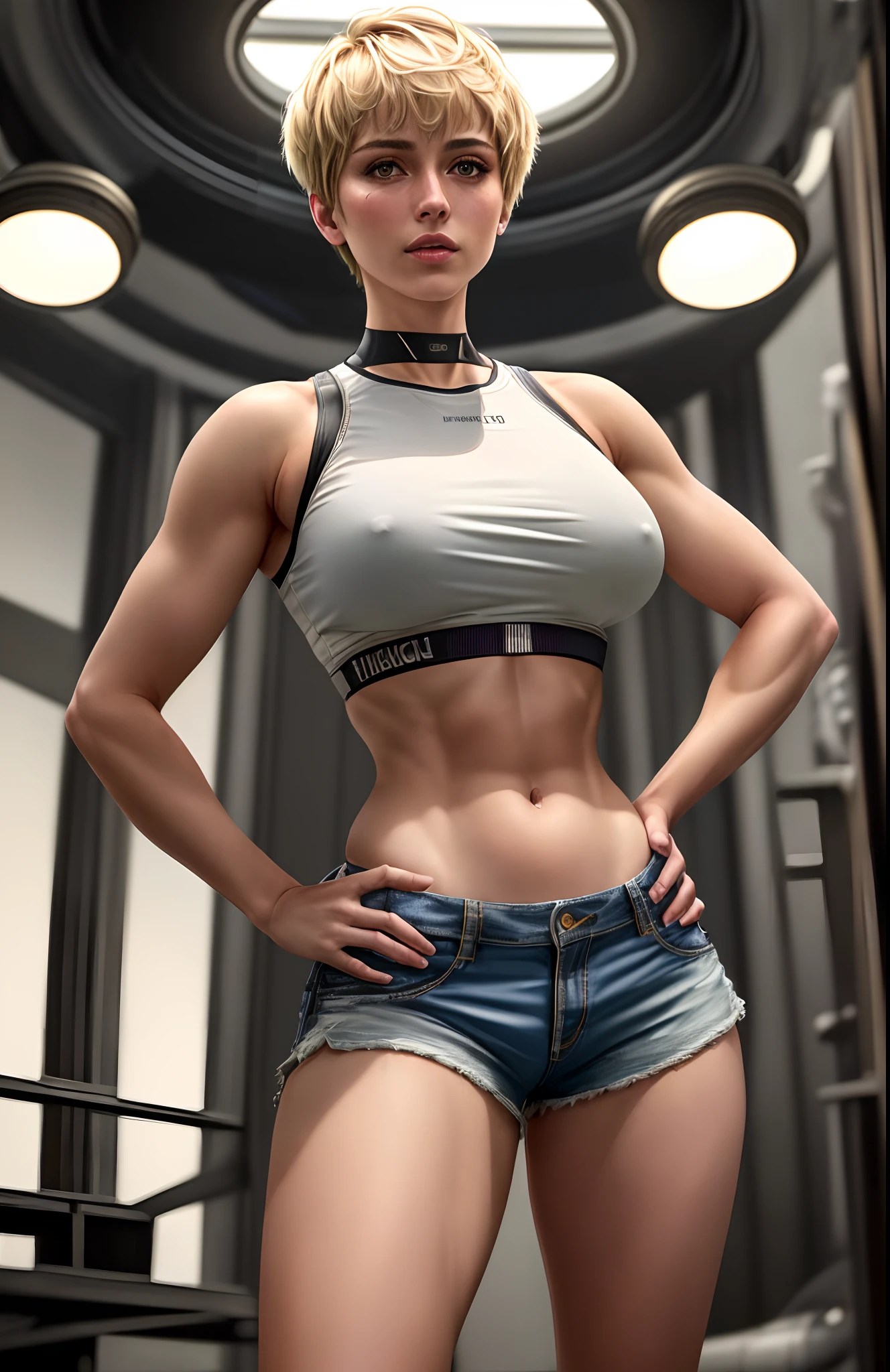 (best quality,highres,masterpiece:1.2),ultra-detailed,(realistic:1.37),(HDR,UHD),studio lighting,extreme detail description,professional,vivid colors,bokeh,beautiful Female starship engineer, Pixie cut, blonde, crop top, midriff, 1girl, shorts, small breasts, athletic