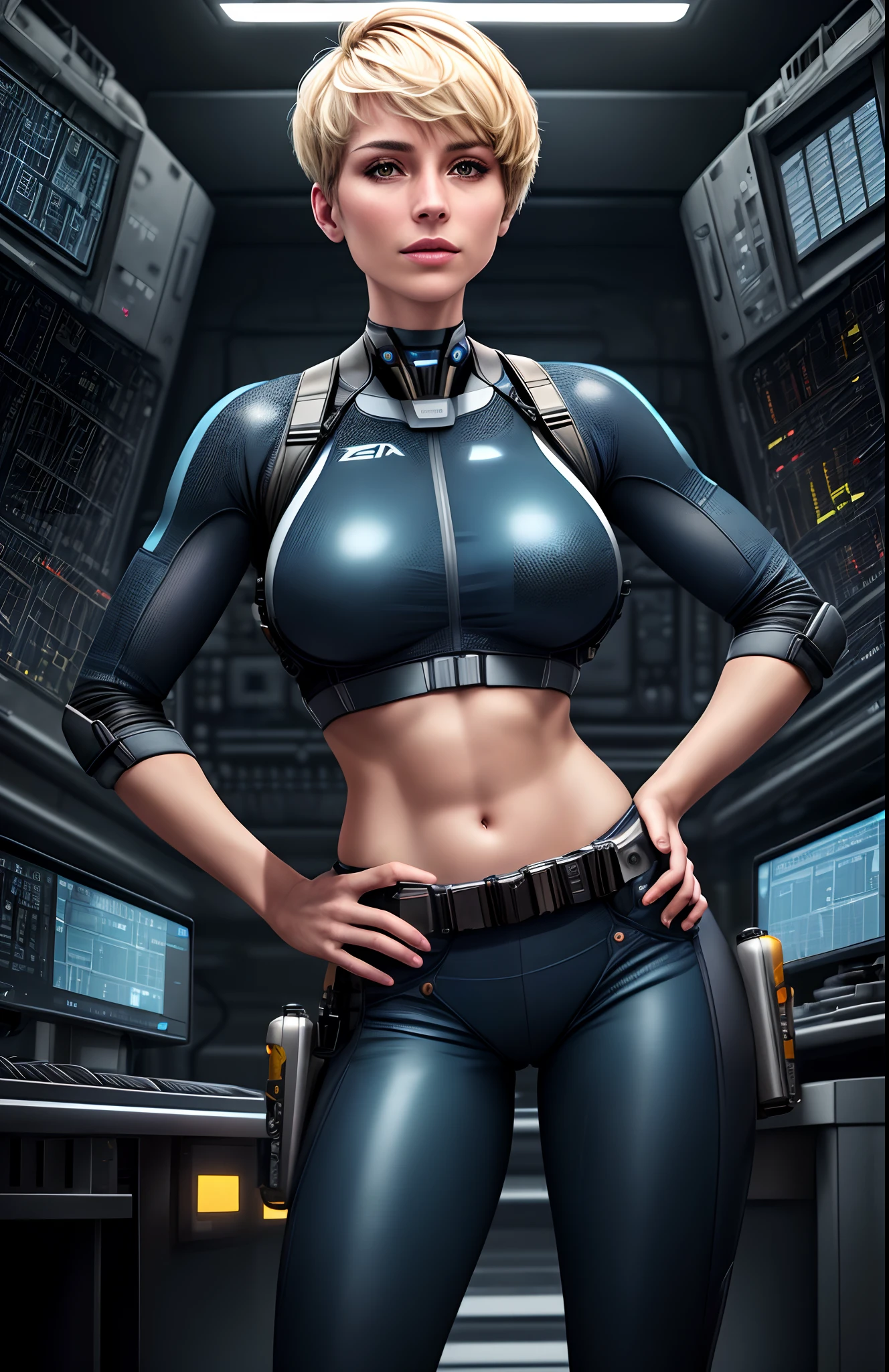 (best quality,4k,8k,highres,masterpiece:1.2),ultra-detailed,(realistic,photorealistic,photo-realistic:1.37),female,beautiful,starship engineer,blonde,pixie cut,athletic build,fit,1girl,crop top,micro shorts,midriff,small breasts,sporty,confident,goggles,tool belt,spaceship engine room,industrial setting,sleek design,technology,advanced machinery,blueprints,control panels,bright lighting,sparkling,professional,studio lighting,vivid colors,bokeh