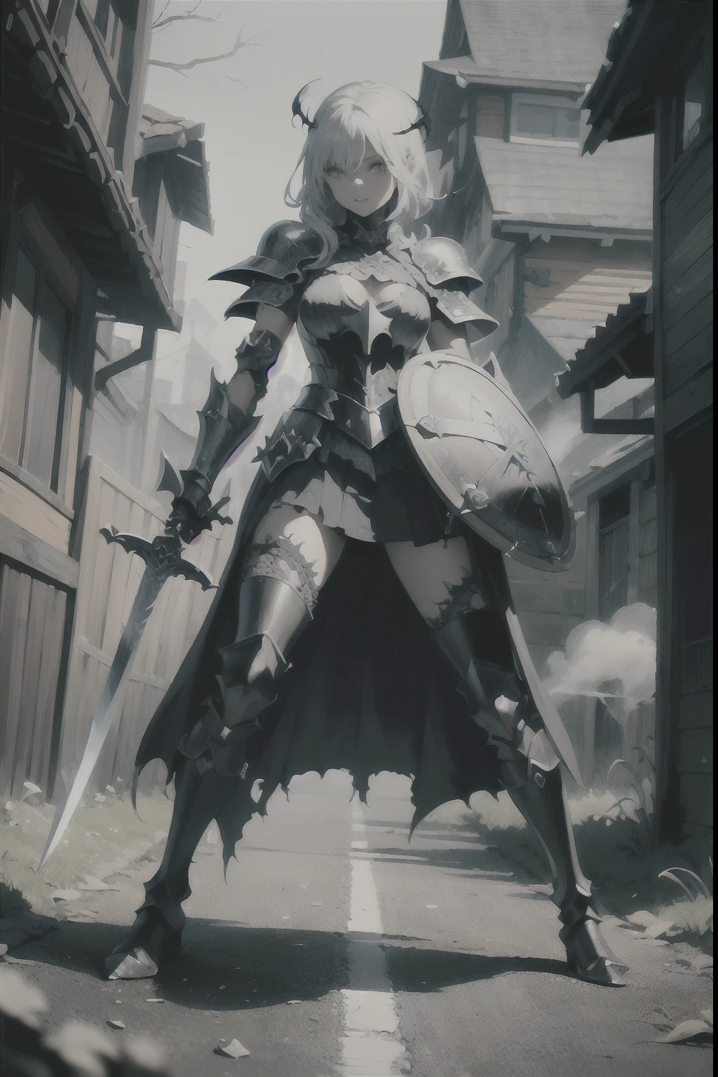 stunning cool with intricate details, (dark fantasy of skeleton:1.2), skeleton warrior, (acid wash breakable armor:1.5), (holding sinister sword and round shield:1.5), (dirty leather boots:1.3), stylish pose fusion horror, dark fantasy, (full body shot:1.4), glowing smoke azure eyes, associated illustration, highest resolution, atmosphere of hell, detail hell background, detailed luxurious armor and cloak, intricately detailed pencil drawing, intricately detailed painting, intricately detailed crayon coloring, intricately detailed digital coloring, full colored, dark palette, super fine detailed bone, super fine detailed texture, super fine detailed detail, radiosity, ultra quality, professional art work, malicious, withered street trees, terrible aura, death core, Very bold colors, be seen dimly, (details that create a sense of dark fantasy:1.2), (aerosol paint:1.5),