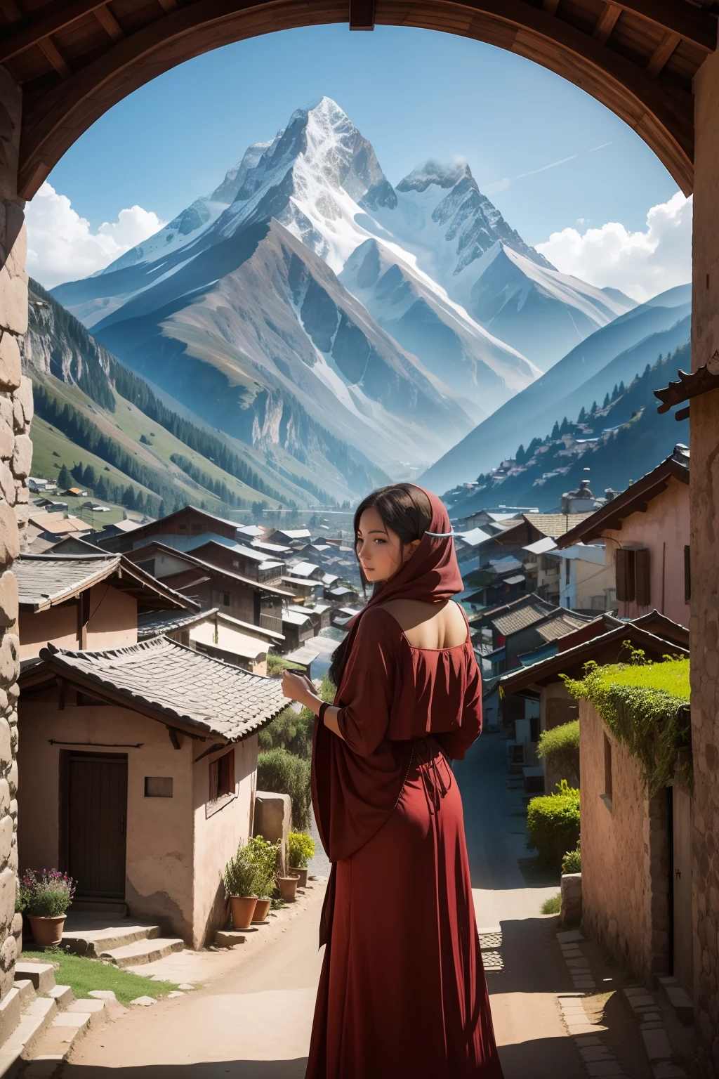 A beautiful woman in a centered of a village with mountain in distance --auto
