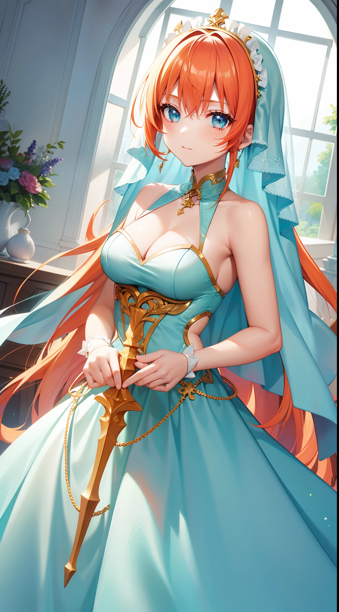 young girl, llong orange hair, Cyan eyes, white fencing dress, Sleeveless, open breasts, long skirt, sword, Gold Elements, gems, Masterpiece, hiquality