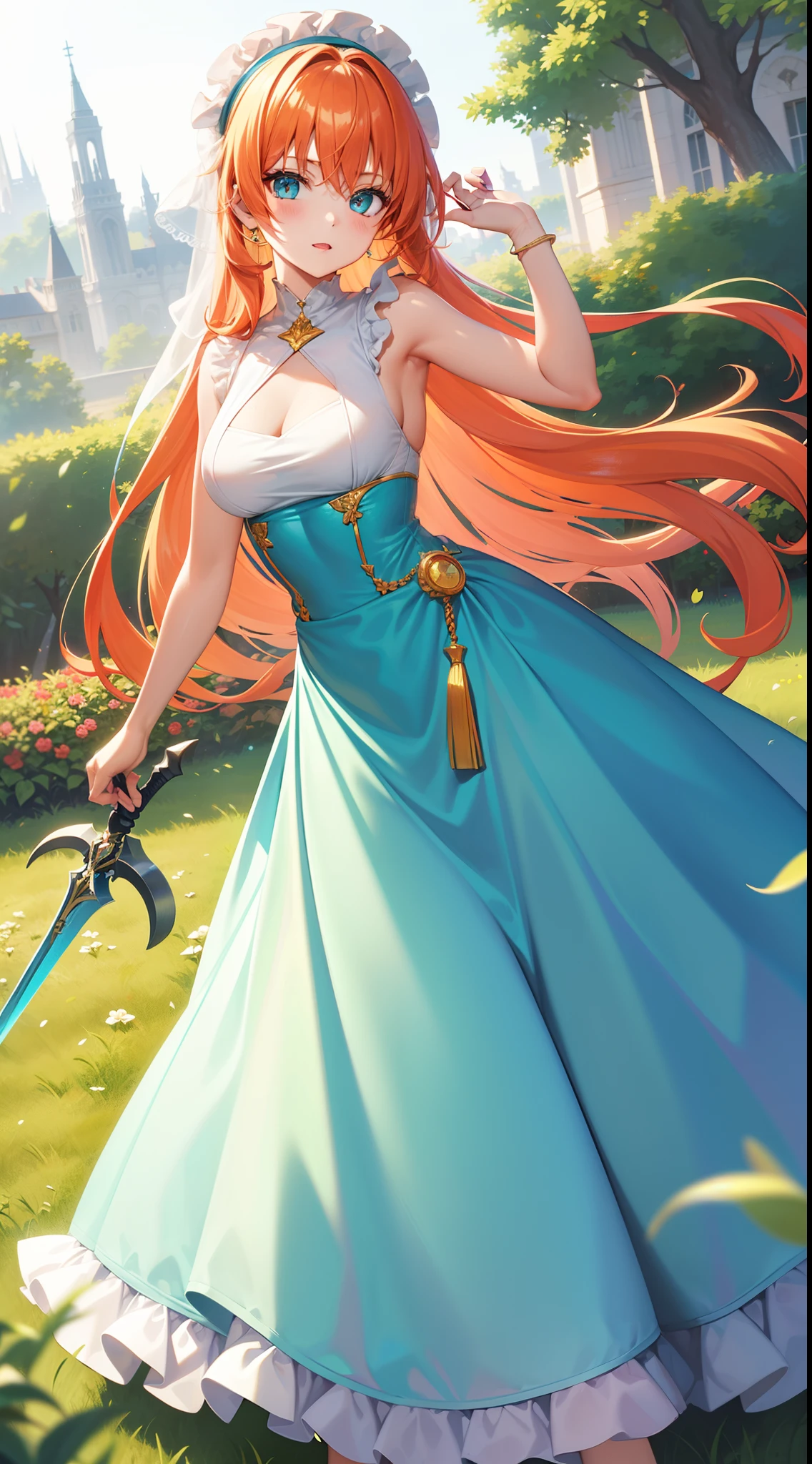 young girl, llong orange hair, Cyan eyes, white fencing dress, Sleeveless, open breasts, long skirt, sword, Gold Elements, gems, Masterpiece, hiquality