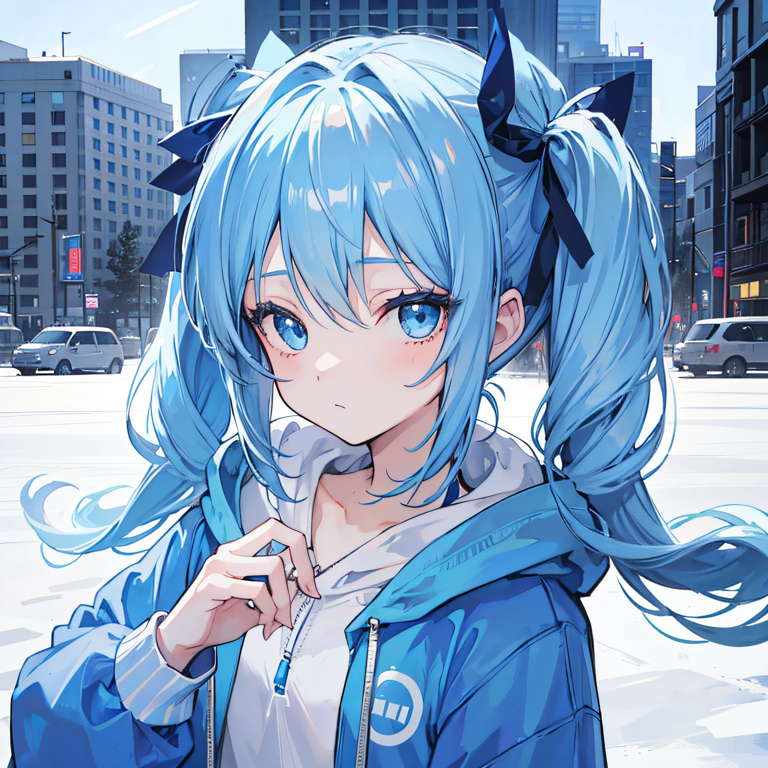 1girl, with light blue twintails hair and blue eyes, wearing a hair ribbon and a blue and white hoodie. The scene is set in winter, with the girl looking directly at the viewer. This image can be used as a profile picture.Pose,city background