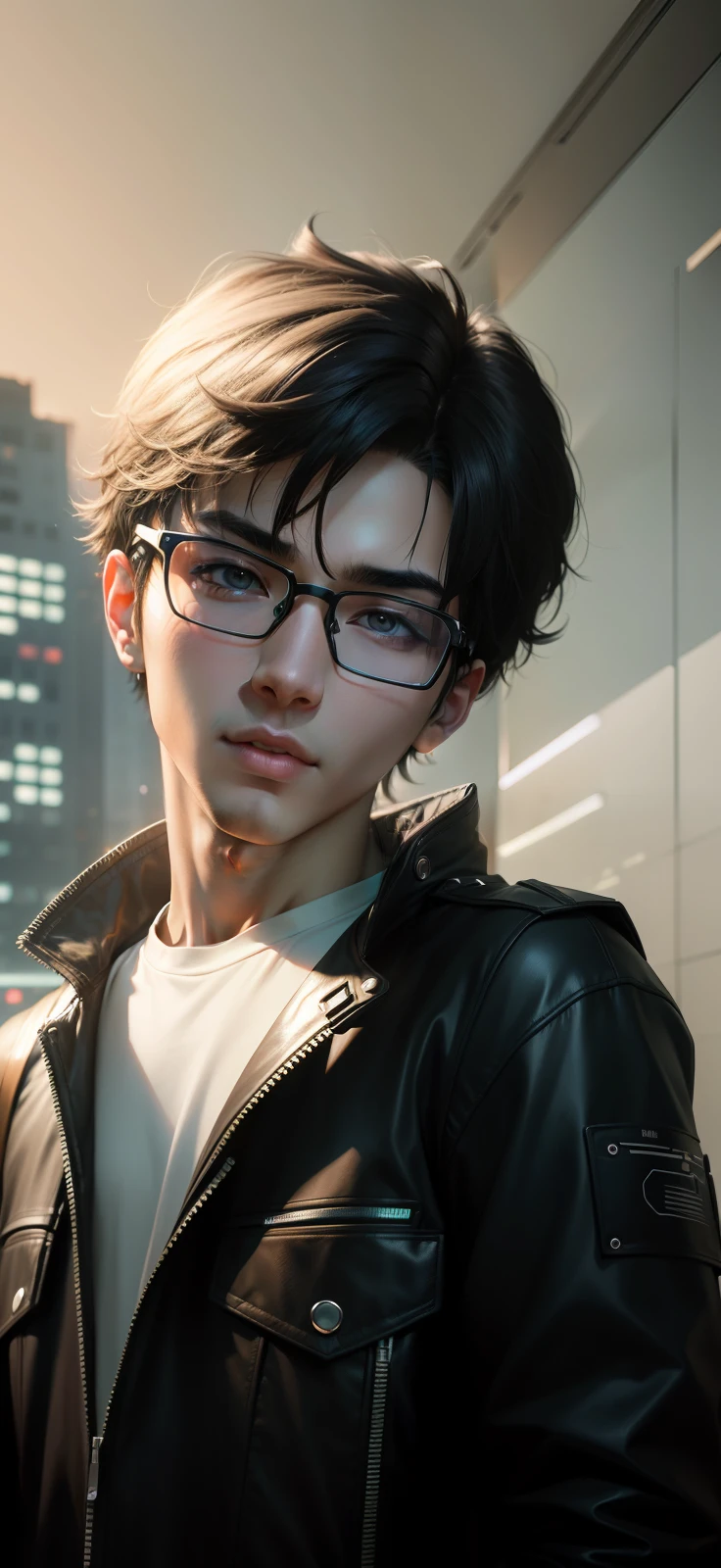 Ultra realistic super , super lighting , detailed skin , ultra definition , anime boy type face , black hair , wearing round glasses , dark themed , cyberpunk ɓackground
