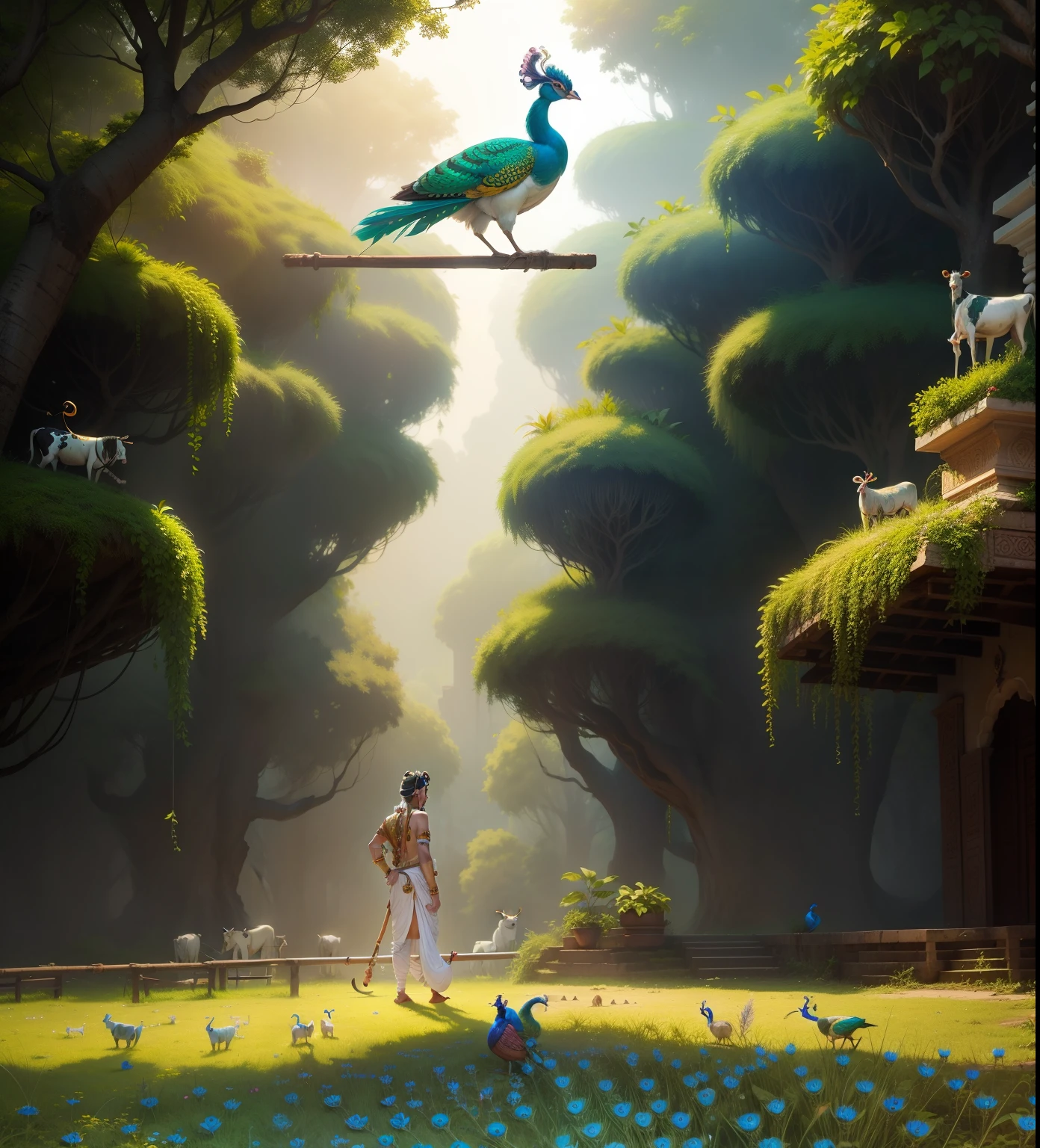 Change background, vrundavan background, jungle, lord krishna standing with his flute, cows, birds, peacock, realistic janmashtami special