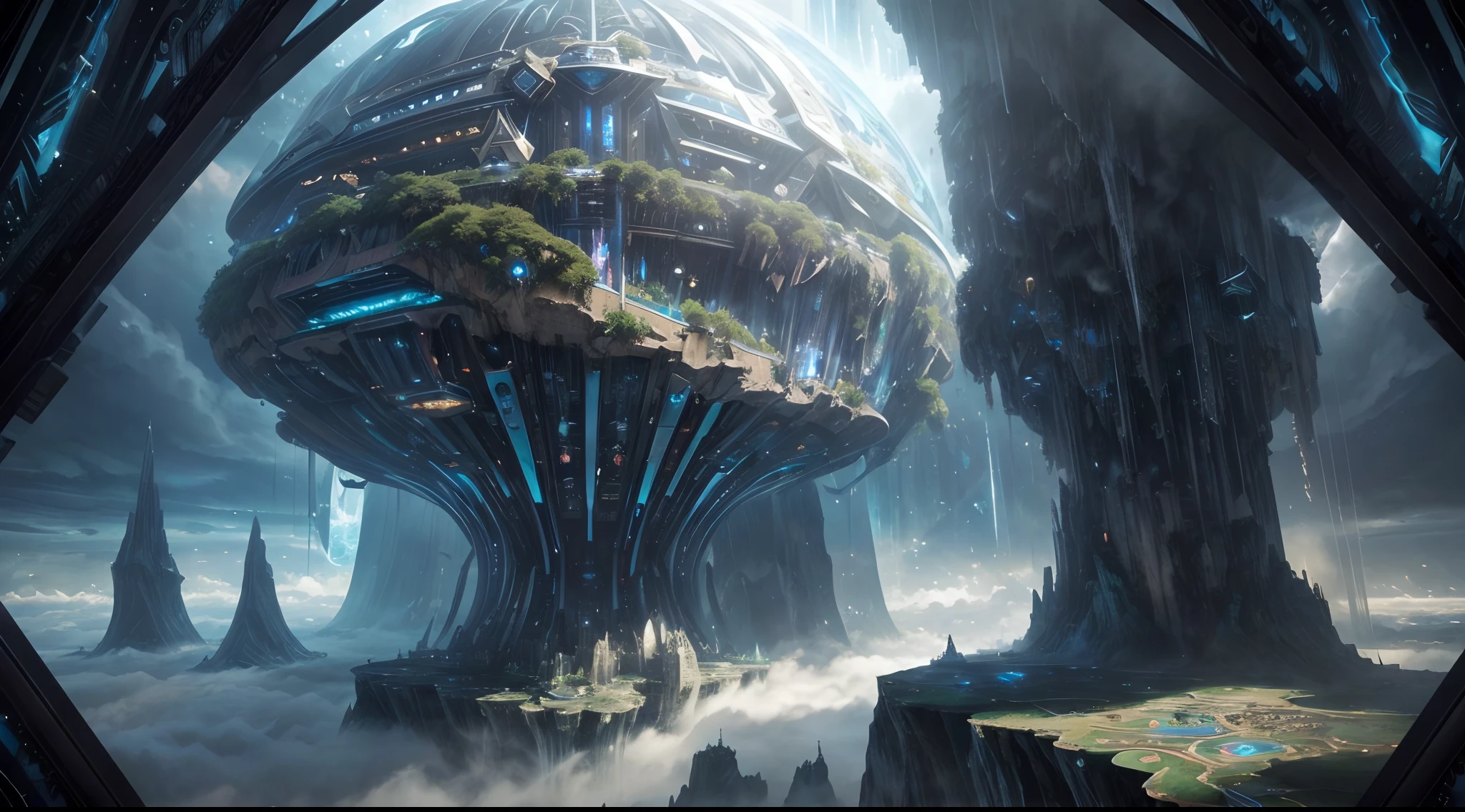 A futiristc world suspended among the clouds, with floating cities and celestial waterfalls. (highly epic detailed and futuristic:1.5), centered, middle of an Insanely colorful epic realistic, (centered with the frame:1.4), prismatic. grid, triangles, fractal, elemental fusion, (gold:0.9), (chromium:0.9)