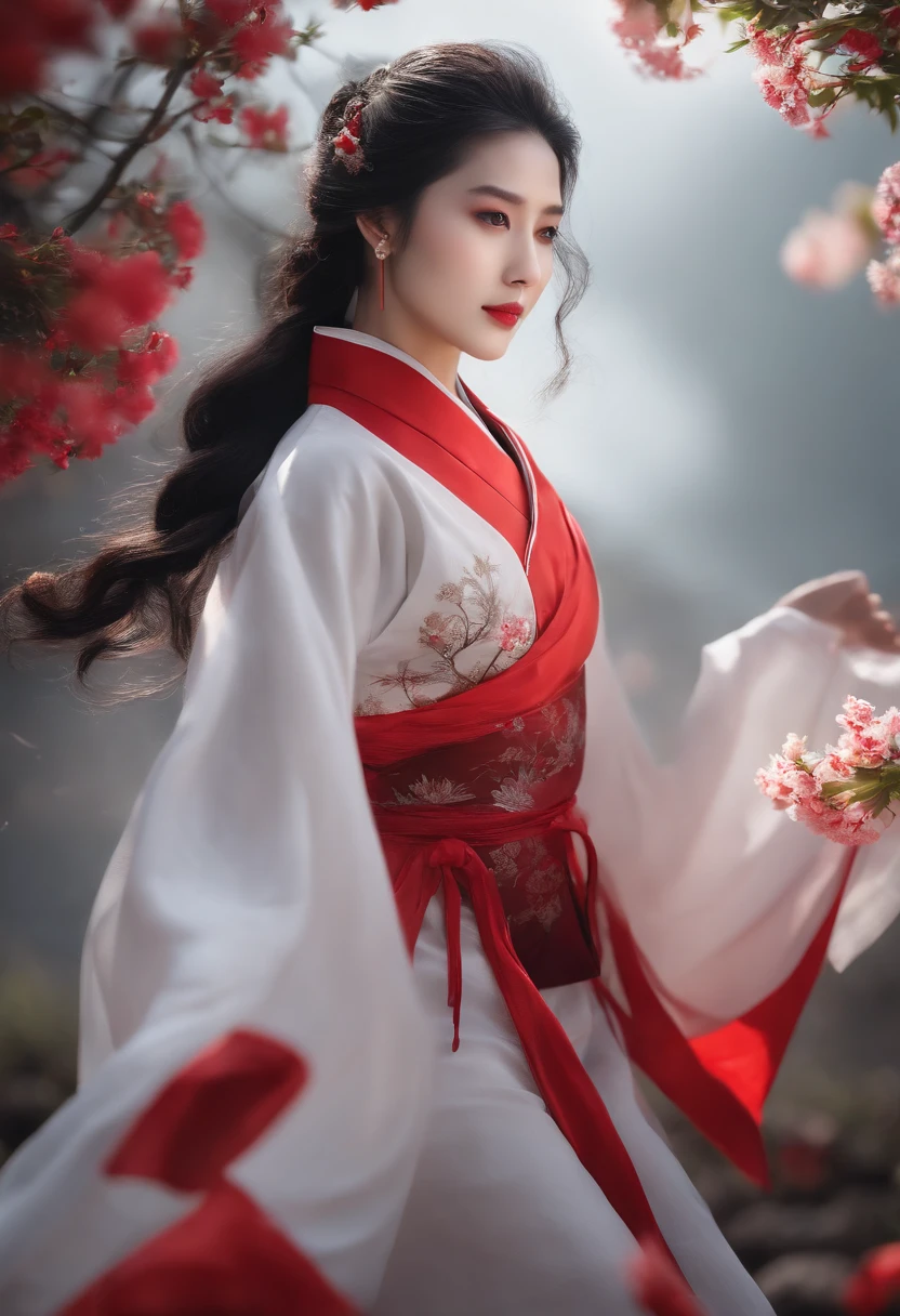 Super high quality, masterpiece, perfect illustration, extreme detail (exquisite light and shadow, highly dramatic picture,) Stroke, 1 girl, solo, (wearing red, black and white Hanfu,) flower field, flowers, (white smoke:1.3) (Realistic:1.4), Zen entanglement, tangled, official art, Unity 8k wallpaper, super detailed, beautiful and beautiful, masterpiece, best quality, (dynamic angle: 1.4), glowing skin, (floating colorful flashes: 1) the most beautiful chaotic forms, elegant, brutalist design, Bright colors, romantic depth of field exotic_dance, half_naked