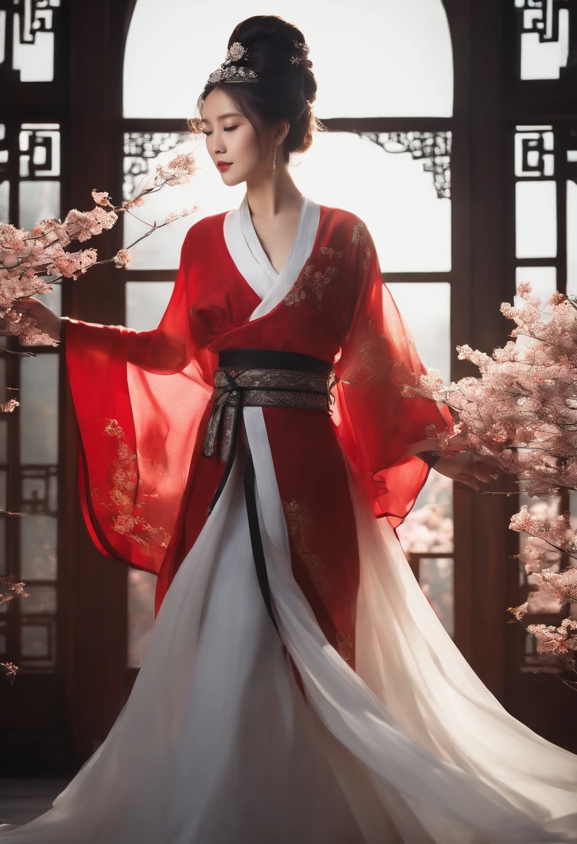 Super high quality, masterpiece, perfect illustration, extreme detail (exquisite light and shadow, highly dramatic picture,) Stroke, 1 girl, solo, (wearing red, black and white Hanfu,) flower field, flowers, (white smoke:1.3) (Realistic:1.4), Zen entanglement, tangled, official art, Unity 8k wallpaper, super detailed, beautiful and beautiful, masterpiece, best quality, (dynamic angle: 1.4), glowing skin, (floating colorful flashes: 1) the most beautiful chaotic forms, elegant, brutalist design, Bright colors, romantic depth of field exotic_dance, half_naked