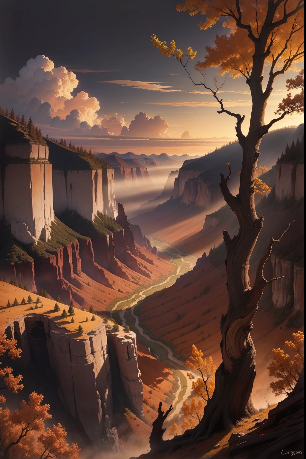 A painting of an autumn landscape, autumn trees and dead trees, dead leaves blowing, canyon walls, evening light, dark sky.