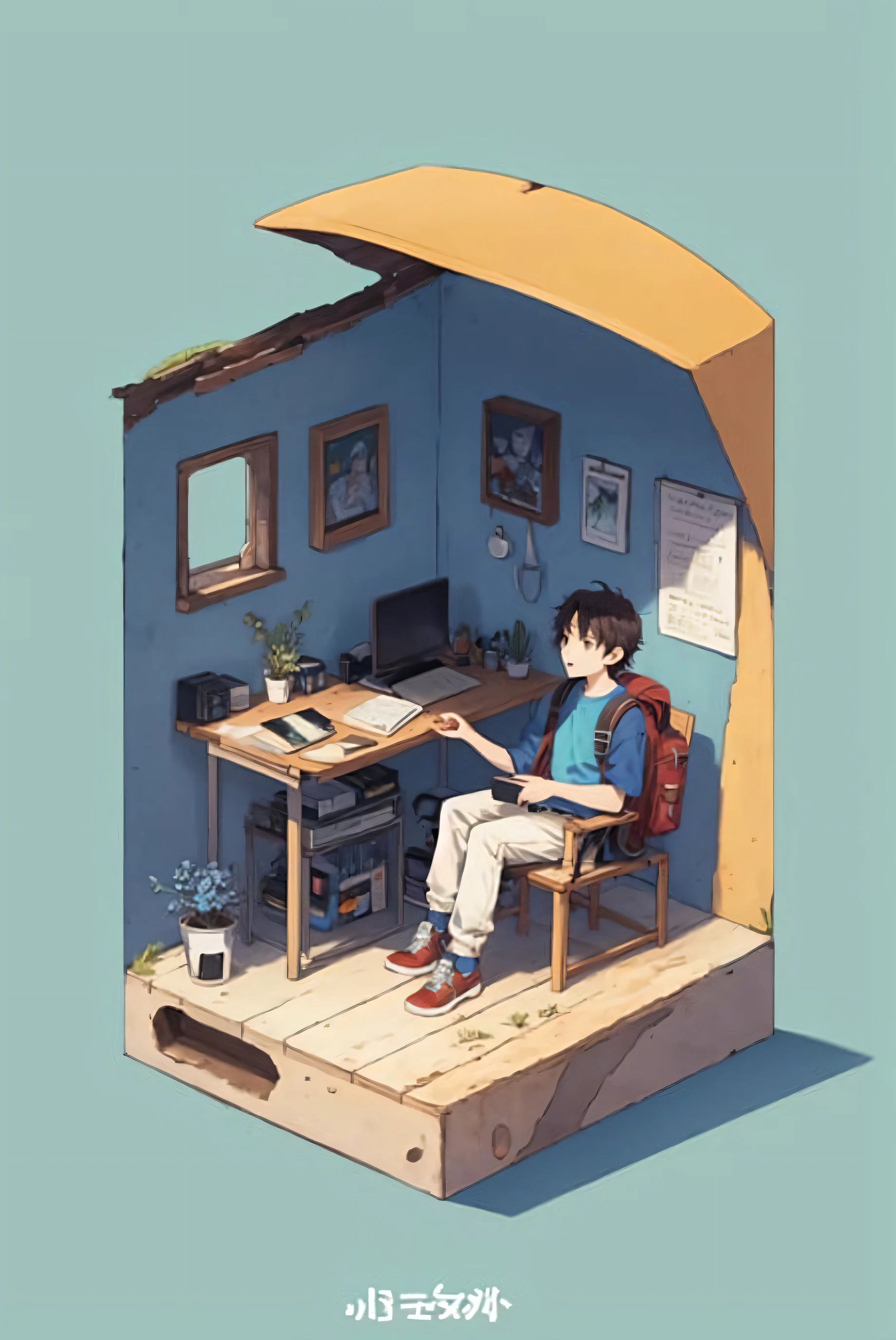 young man, adventurer, backpack, sitting in chair BREAK 80's anime style, hand drawn style, illustration, beautiful digital art, isometric