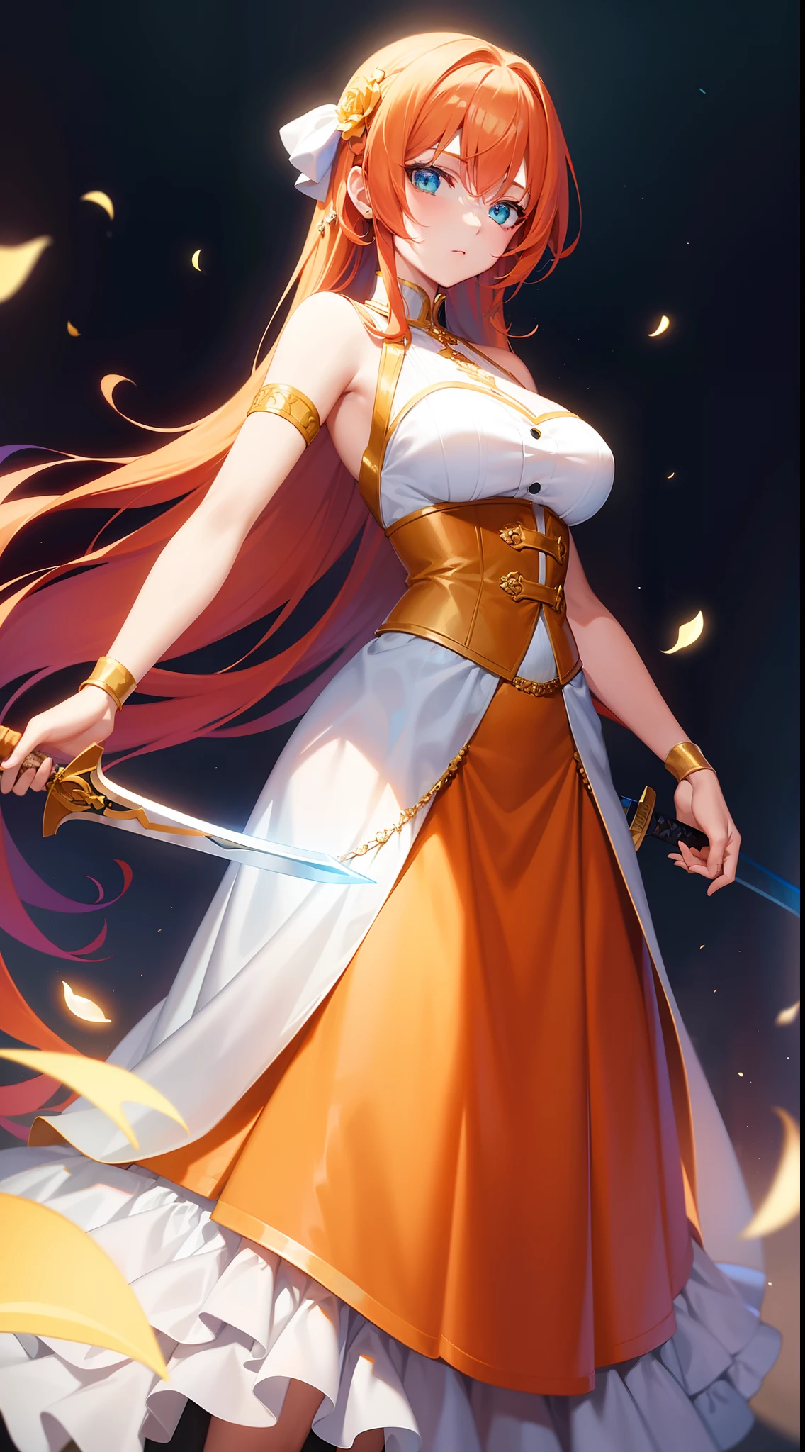 young girl, llong orange hair, Cyan eyes, white fencing dress, Sleeveless, open breasts, long skirt, sword, Gold Elements, gems, Masterpiece, hiquality