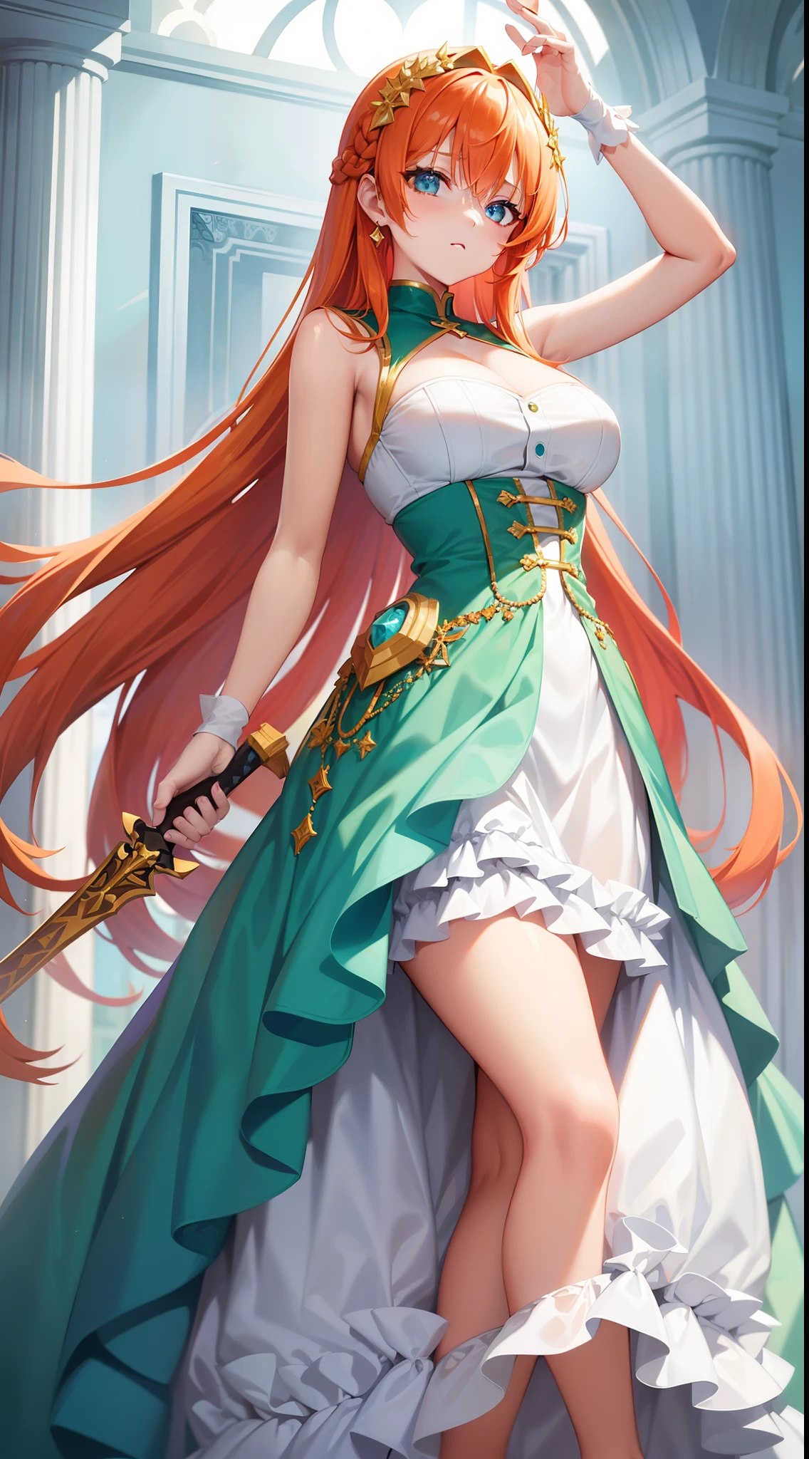 young girl, llong orange hair, Cyan eyes, white fencing dress, Sleeveless, open breasts, long skirt, sword, Gold Elements, gems, Masterpiece, hiquality