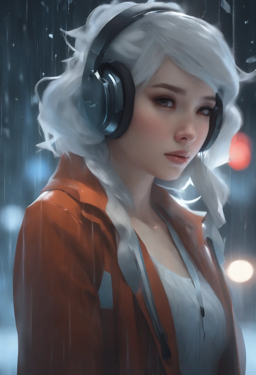 chaos, blizzard, gust, Frozen cave, Strange hairstyle, Futuristic hair in the form of blocks part of the background, Kyoto animation, Woman in headphones with vertical stripes on the face, square eyes in a grid with tears in them, abstract facial pattern, Checkerboard tattoo part of the background, frozen water vapors everywhere, blizzard, Everything transforming, chaos, beautiful, Detailed portrait, shaded cell, 4 thousand, Conceptual art, by wlop, Ilya Kuvshinov, Artgerm, Krenz Cushart, Greg Rutkowski, Pixiv. Cinematic dramatic atmosphere, Sharp focus, volumetric lighting, cinematic lighting, Studio quality