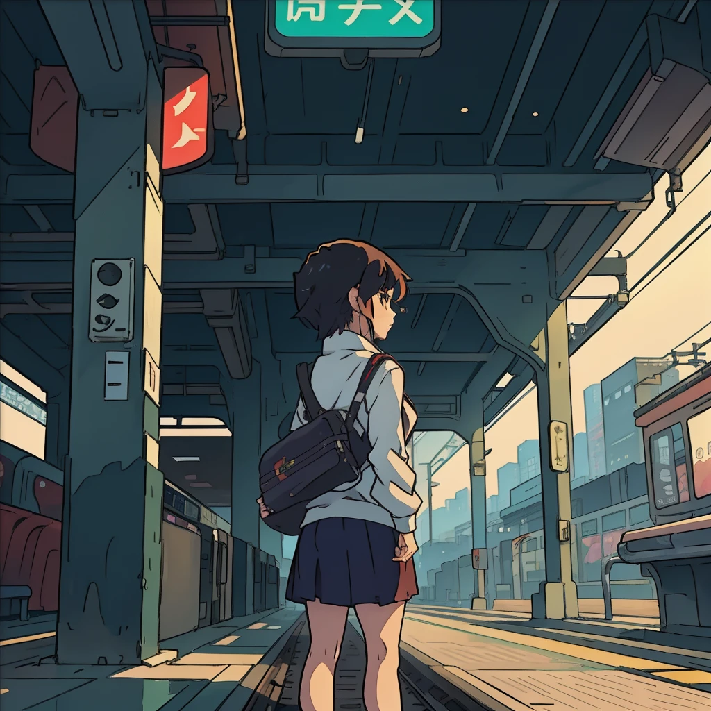 A woman stands in front of a train station, Train Station Background, artwork in the style of guweiz, lone girl waiting for the train, Anime style. 8K, ( ( makoto sinkai ) ), Train stations in summer, anime style 4 k, station, guweiz, anime style mixed with fujifilm, beautiful anime scenes