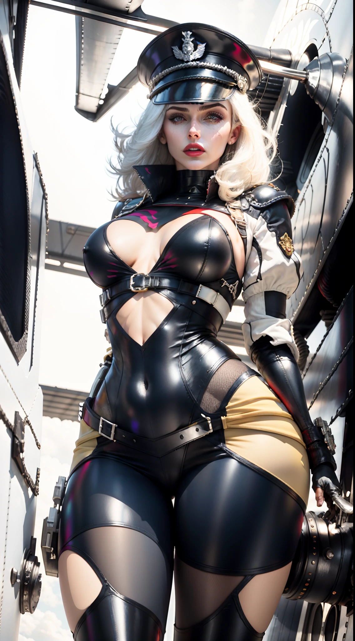 1Feminino,35 anos,Prumo,Seio extremamente grande, sozinho,(Antecedentes com:Huge machines,droid,aerodrome,Planes,Huge mechanical armor,) Ela tem cabelos ruivos muito longo,Bobo's Head,Stand on the plane,,Visto de frente, cabelos lisos, mostly cloudy sky,(((tmasterpiece),(muito detalhado CG unidade 8k papel de parede),melhor qualidade,cinmatic lighting,fundo detalhado,belos olhos detalhados,pupilas brilhantes,olhos azuis,Pele branca de neve,red lip(Muito fino e bonito),(Beautiful and detailed eye description),Ultra - Detalhado,tmasterpiece,))Facing the camera squarely,A high resolution,Ultra - Detalhado),revelando seios,Genitalia only, bojo,legs are open,Criado sexy,Dedos de camelo,tez corada,Desire for dissatisfaction,fachada,British Air Force,aviador,Officer's cap(usando:jaqueta de blazer,Fraque,Blusa de cor branca,uma gravata borboleta preta,Black pantyhose,Bordado de fio de ouro,armadura,bare breasts)estilo gothic punk