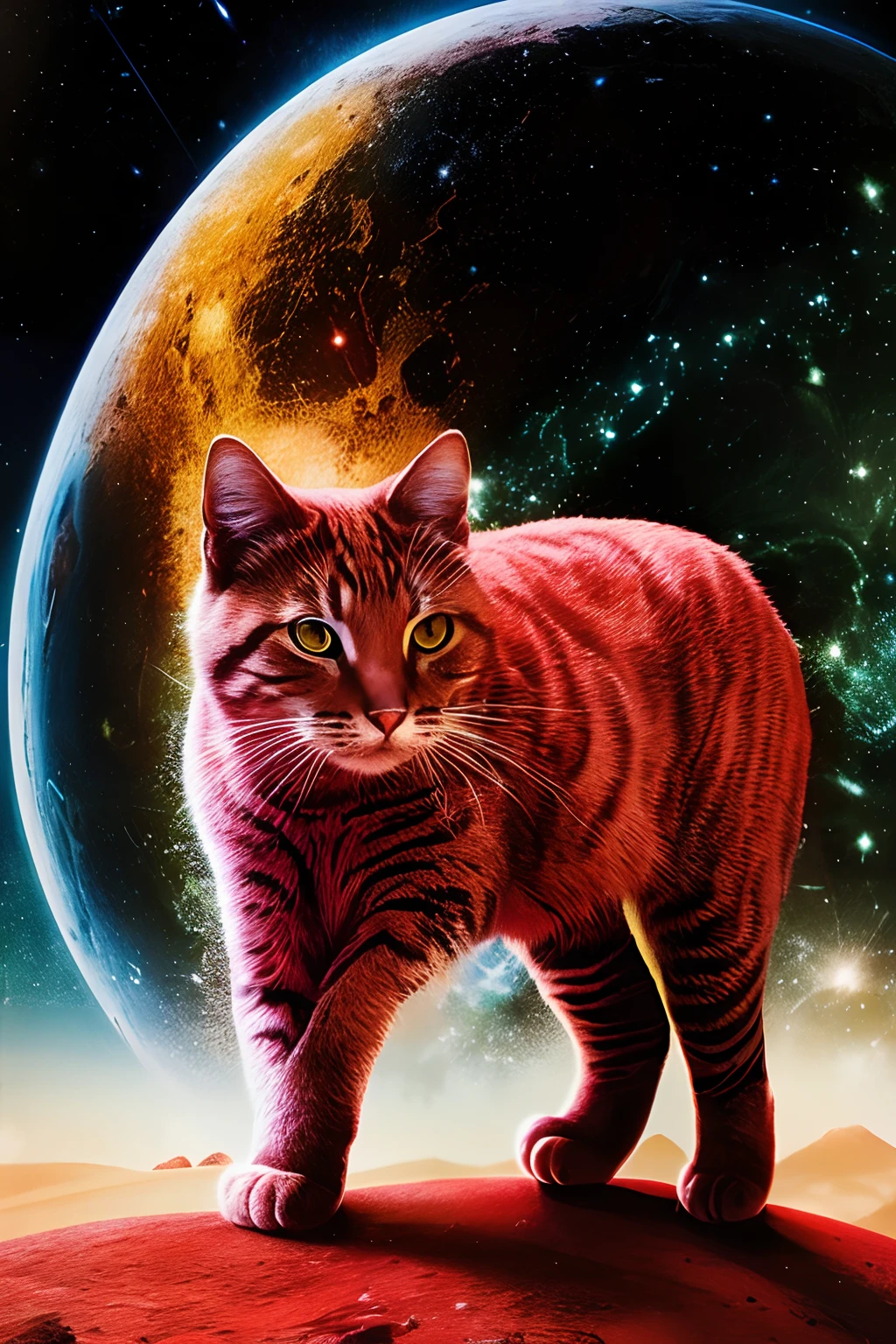painting of a cat standing on a red surface in front of a planet, gato espacial, cat in space, gato do vazio, cosmic tiger, planeta dos gatos, Alex Gato Cinza, Tim Arte Branca. 64 megapixels, anthropomorphic cat, inspirado em Tim White, jim warren, Gato. Pintura digital, Peter Andrews Jones