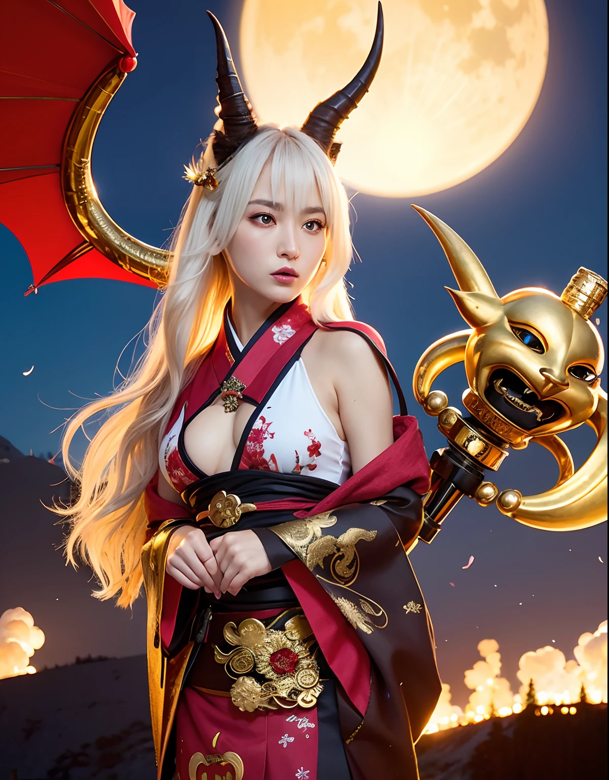 Professional , masterpiece、top-quality、photos realistic , depth of fields 、(fullmoon:1.2)、(shooting stars:0.9)、(nebulas:1.3)、(White bikini armor)、(Mystical expression)、(A fox has five tails)((Fight dragons)),(Wear a beautiful kimono),(Wear a beautiful kimono with colorful floral patterns)、Jewel Gold Weapon、Particles of light),(Has a devil's mask)、Gorgeous gold weapons ,(( Gorgeous Dragon Sword)) , (Fox Mask),,(maikurobikini) 、((White hair))、(Castle background)、(demonic wings)、((Gangle's forest background))、Beautiful Caucasian beauty、1a person、dynamic ungle,(((Two devil's horns on the head)))、Smaller head、Idle Smile、Thin and beautiful female hands、Mystical expression、Light Effects、intense fighting、Wind-effect、magic circles、With the legendary magic wand、Dragon's tail、