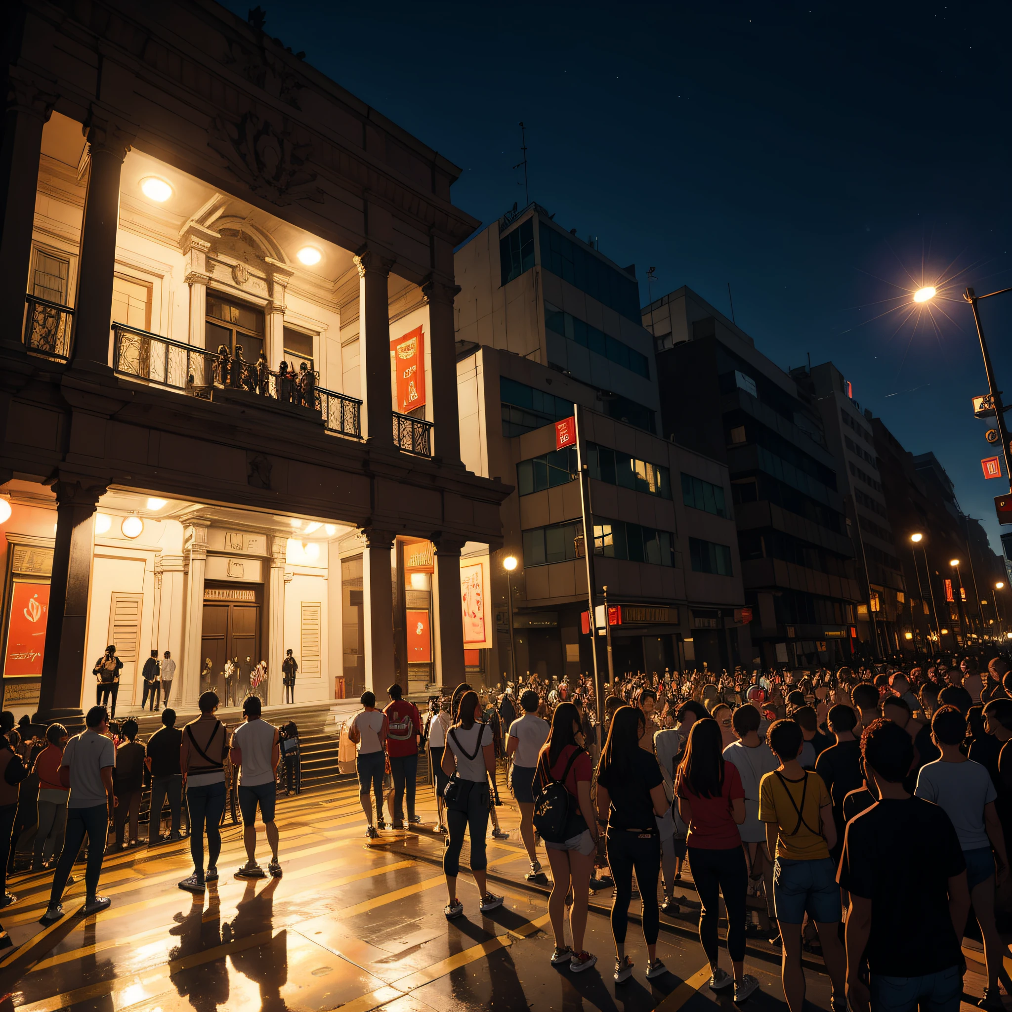 It's during the day. A frente de um grande teatro nobre ornamentado em ouro. In front of the theater there are dozens of broken windows, An empty podium, and hundreds of angry people shouting in the direction of the theatre. Estilo anime. Revolta. rebellion. crowd. teatro.