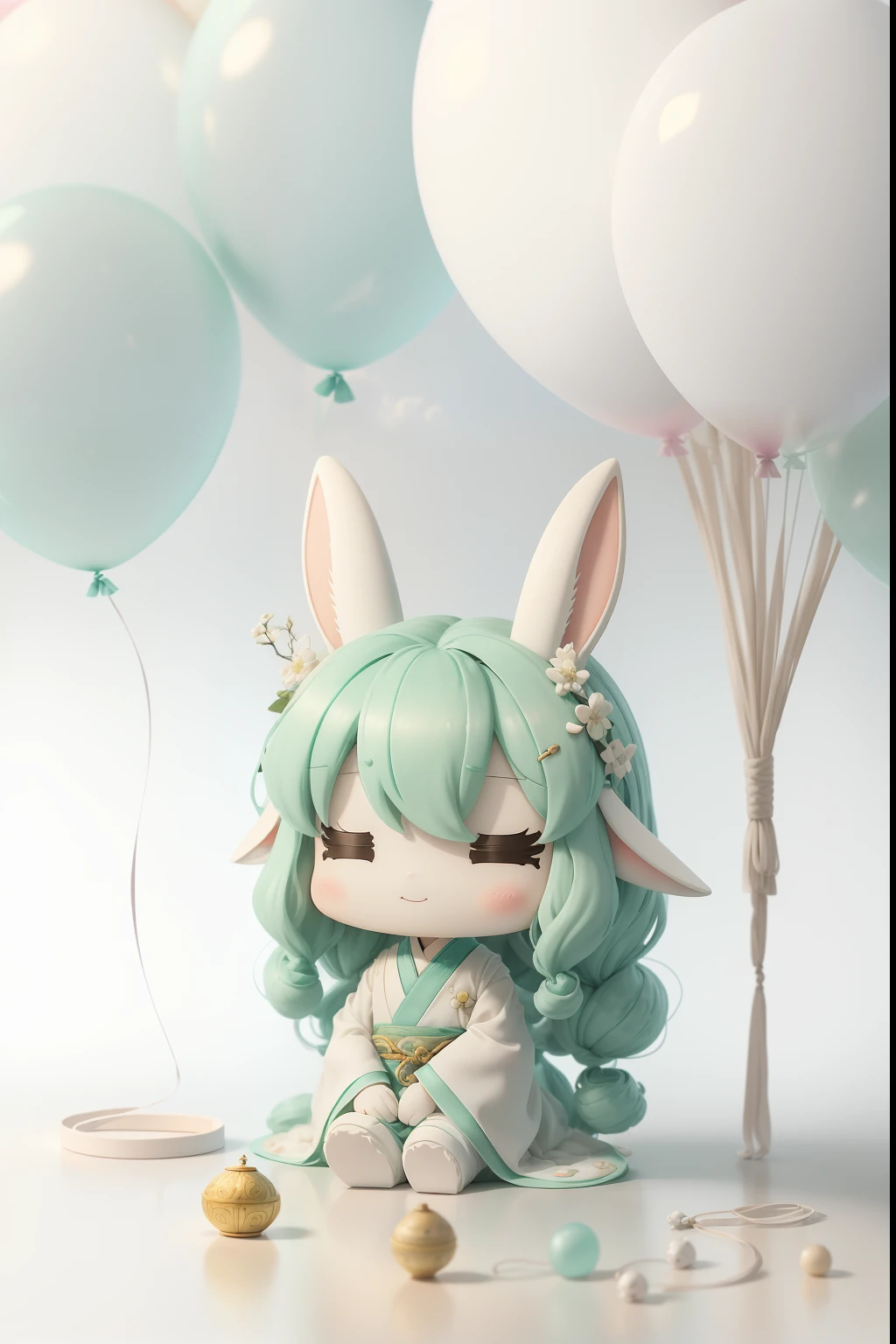 rabbits,Long, large ears,blindbox,happy grin,(wearing a hanfu) shaggy, Fluffy hair, softness ((best qualtiy)), ((tmasterpiece)), (hair adornments)( extremedetailed, highest details, offcial art, Beauty and aesthetics:1.2), depth of fields, composition ( (full bodyesbian) ), (tchibi), , (beautiful and detailed eye:1.3),(extremely happy:1)(Light mint green and gradient white),Popmart blind box,Clay texture,(Transparent balloons,Clouds decorate background),natural soft light,best qualtiy,Lots of detail,arte 3D,c4d,Blander,OC renderer,3Drenderingof,8k