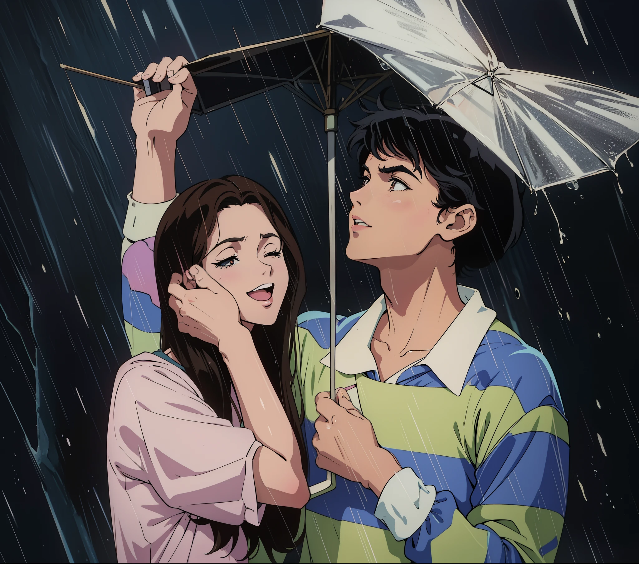 Anime scene, retro anime, 1980s, 1990s, retro aesthetics, couple in the rain, girl on the left, guy on the right, cute, retro style, old anime, soft color, muted color