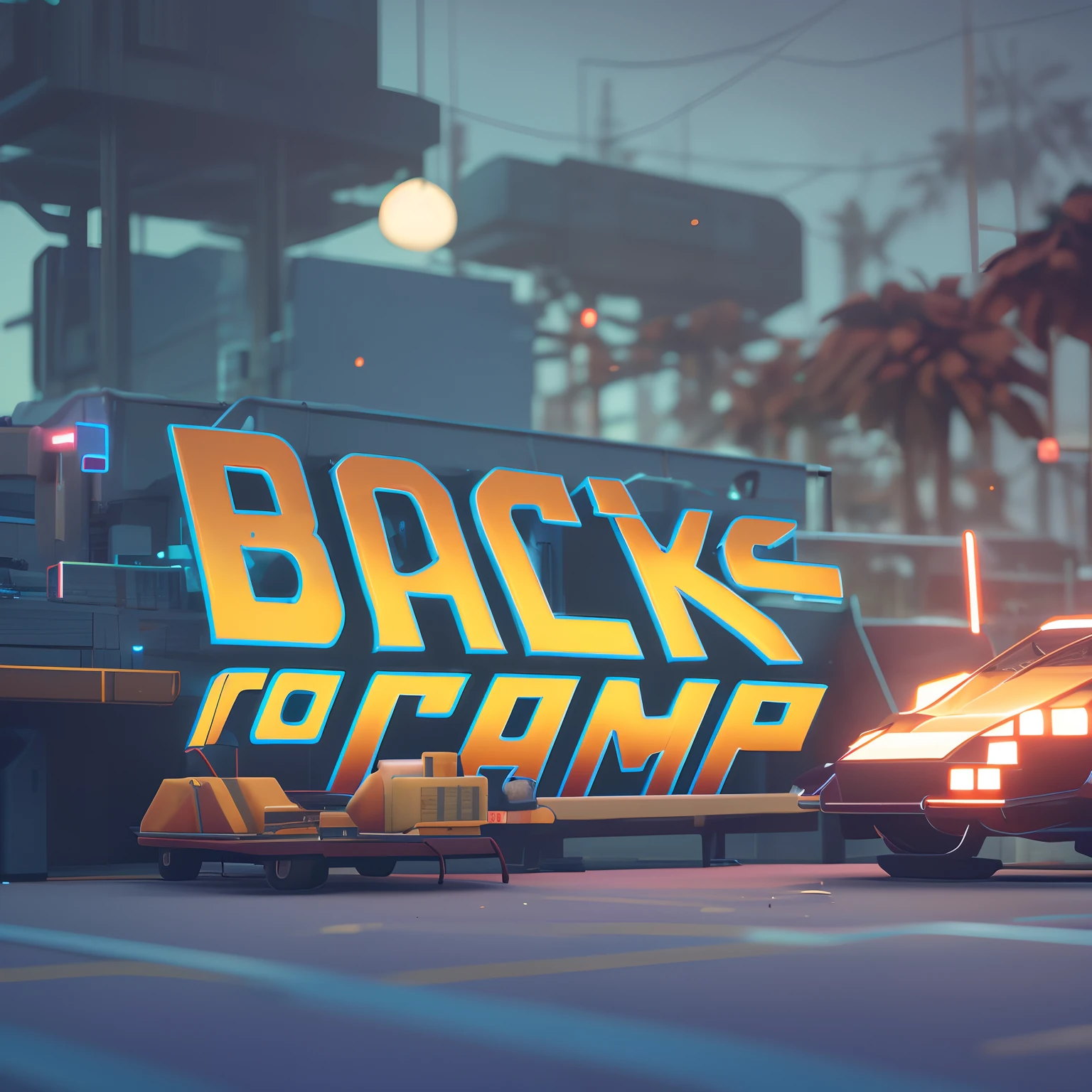 there is a car with a back to camp sign on it, back to camera, camps in the background, background artwork, by Anna Katharina Block, inspired by Mike Winkelmann, rendered in cinema 4 d octane, stylized game art, rendered in cinema 4 d, rendered in cinema4d, official artwork, back to the camera, adventure hyper realistic render