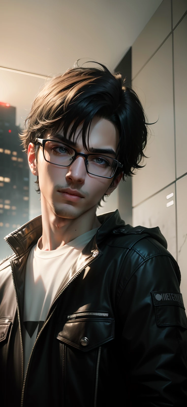 Ultra realistic super , dark lighting , detailed skin , ultra definition , average boy type face , black hair , wearing round glasses , dark themed , cyberpunk ɓackground