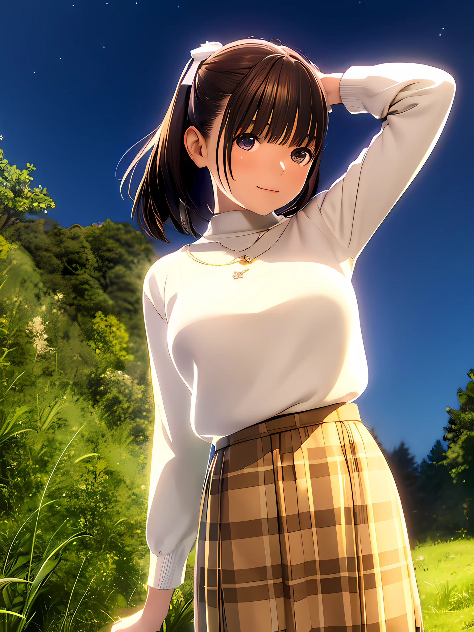 hight resolution,in 8K,Best Quality,detaileds,semi - realistic anime,Anime 3D Style,Smooth Anime CG,1 girl in,20 year old woman in Japan,slim,modeled,shiny chestnut hair,Medium Hair,Detailed face,Beautiful and detailed eyes,Glowing skin,((Large white sweater)),((Long skirt with brown plaid pattern)),a necklace,night sky full of stars,fullmoon,tall grass,Autumn steppe,Woman looking up at the sky,Angle from the side