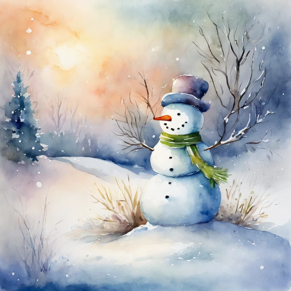 Watercolor winter illustration.Watercolor cute snowman
