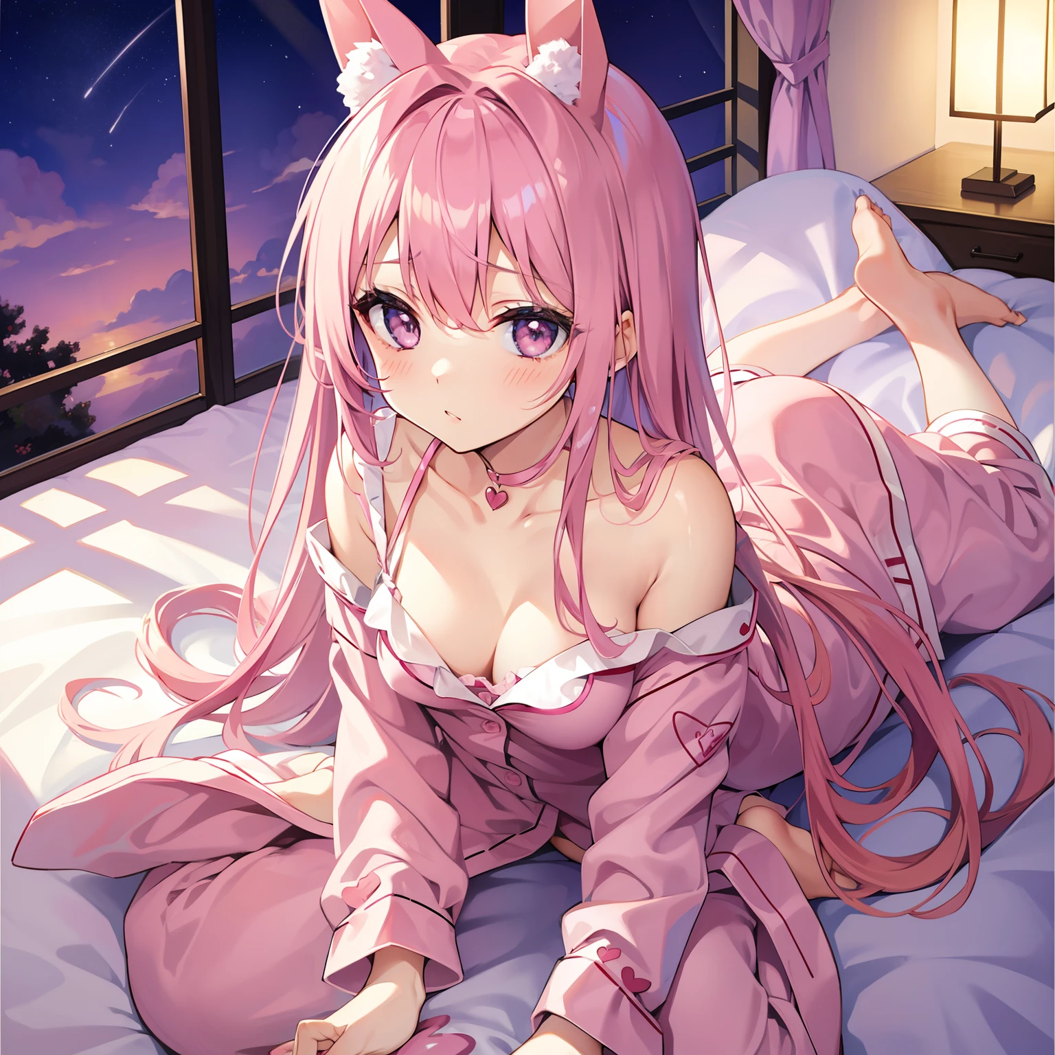Pink hair、rabbitears、a beauty girl、Long、Tsundere、s Pajamas、cute little