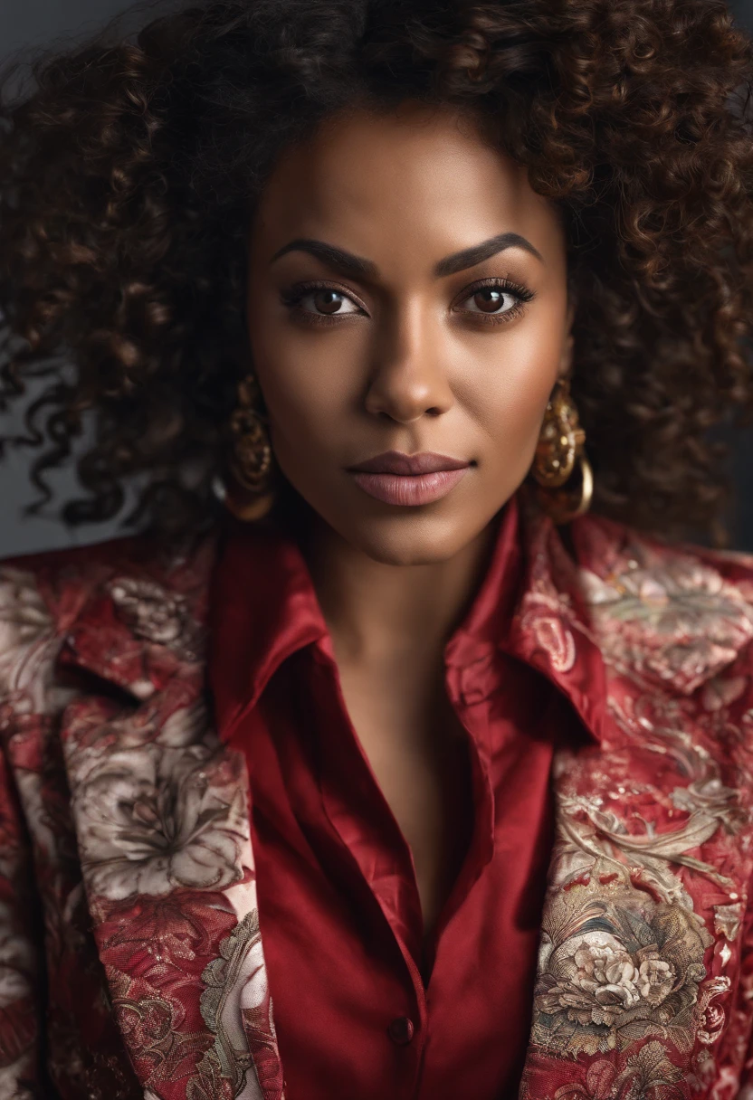 Portrait photo of a beautiful dark brown ethnic woman, with curly hair, 30 years old, wearing a red velvet blazer and pant suit with shirt underneath, Cinematic photo