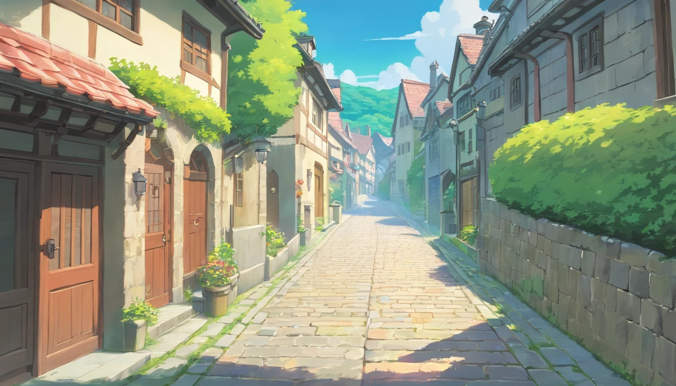 facing across point of view of grey stone brick road with a small stone wall and buildings alongside it