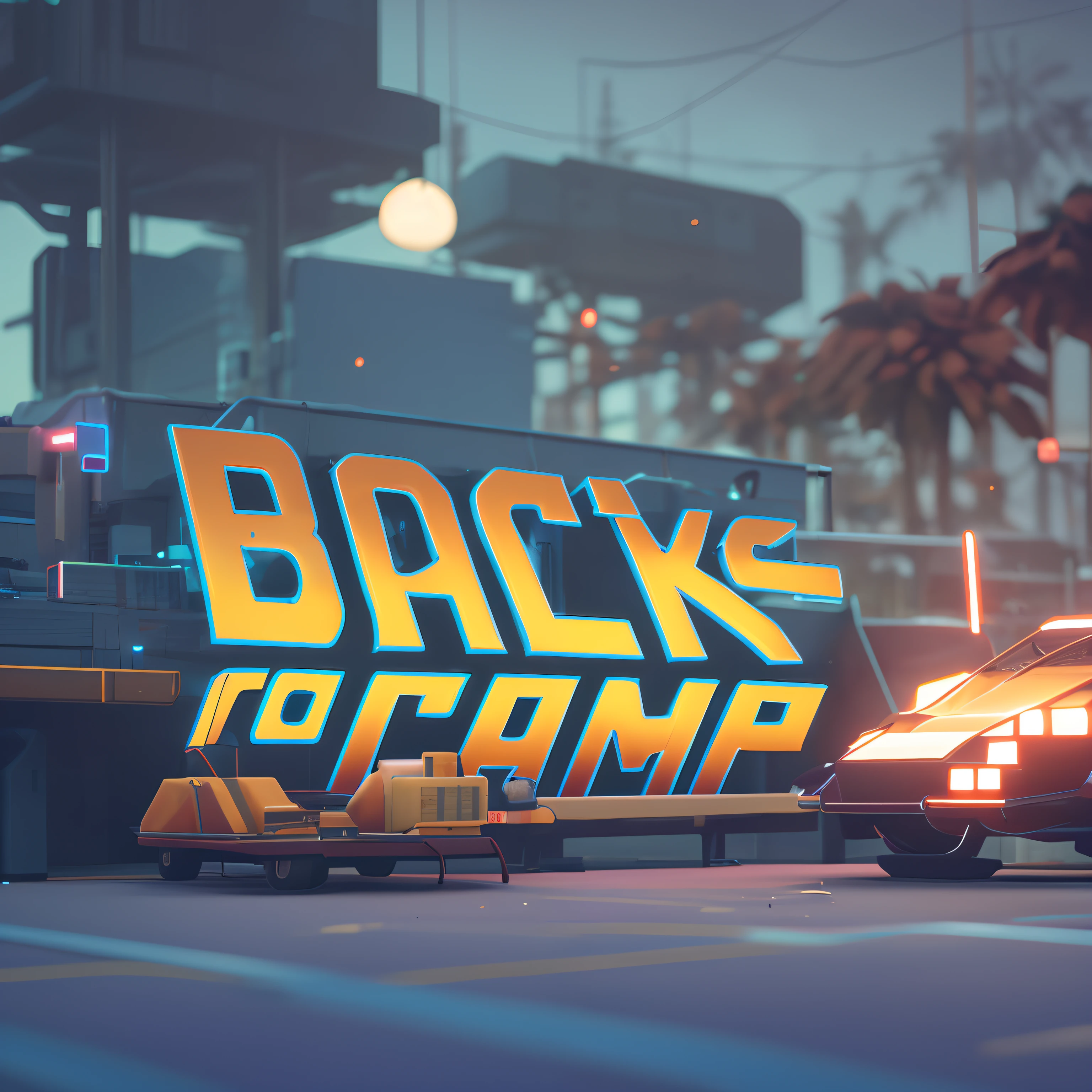 there is a car with a back to camp sign on it, back to camera, camps in the background, background artwork, by Anna Katharina Block, inspired by Mike Winkelmann, rendered in cinema 4 d octane, stylized game art, rendered in cinema 4 d, rendered in cinema4d, official artwork, back to the camera, adventure hyper realistic render