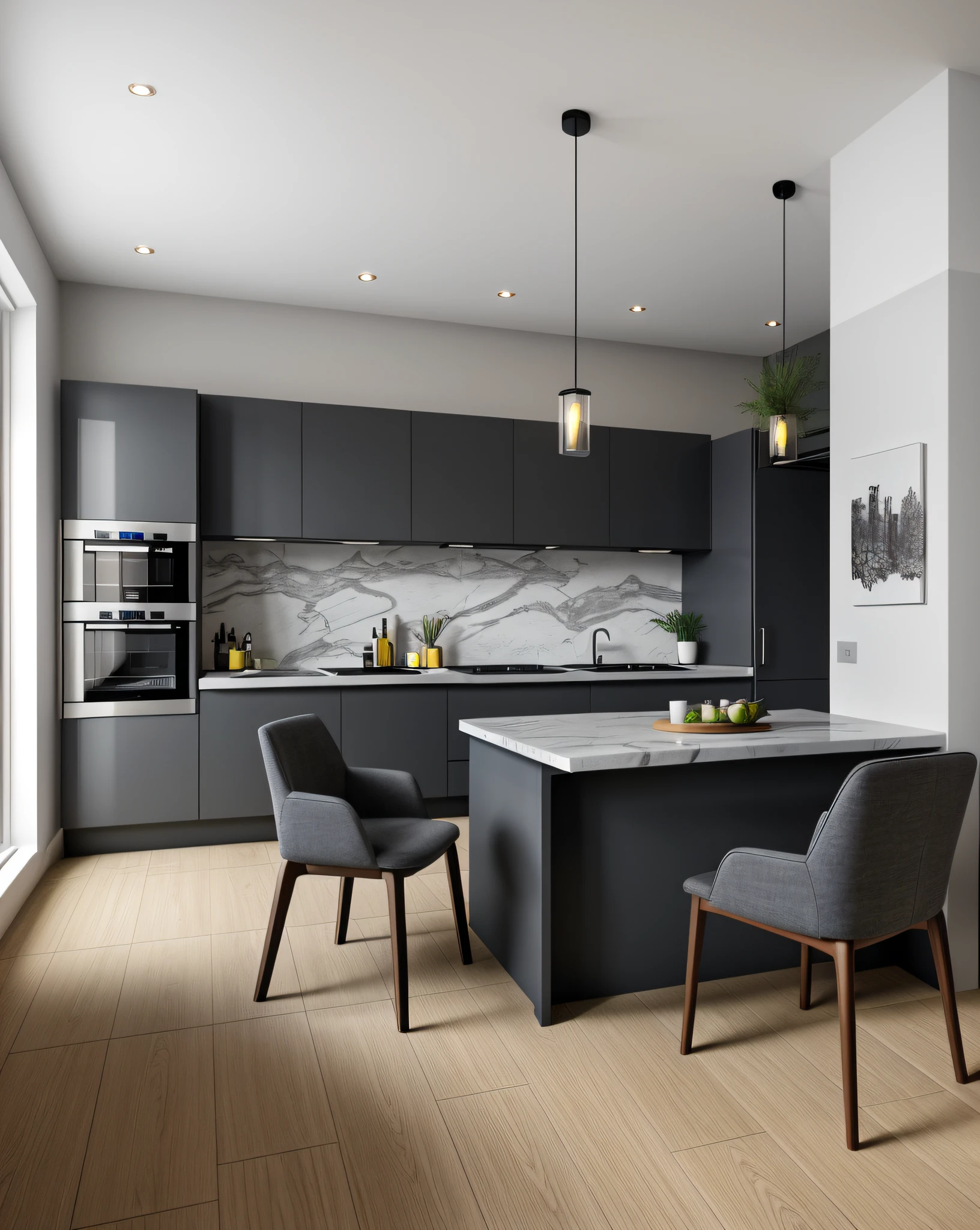 Yellow kitchen integrated with living, a wooden table and black chairs, minimalistic kitchen, simple clean lines, detailed and intricate furniture, modern and minimalist style, kitchen with led trail on countertop, door glass on left, shinning lightning from left, dark and grey walls, two black lamps from roof, small kitchen, marble carrara on floor, city apartment, modern small space, f 60mm, real engine, photorealistic