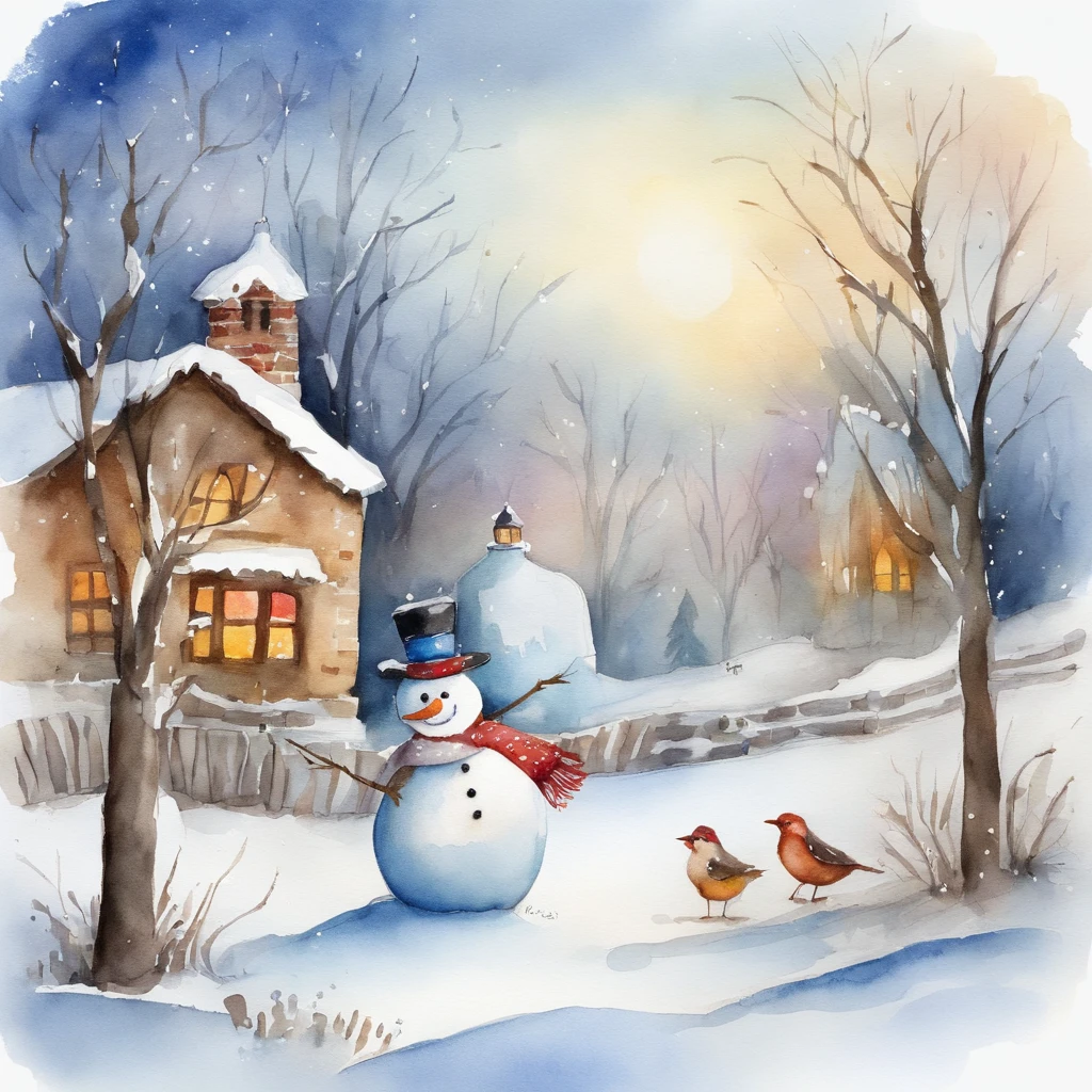 Watercolor winter illustration.Watercolor cute snowman