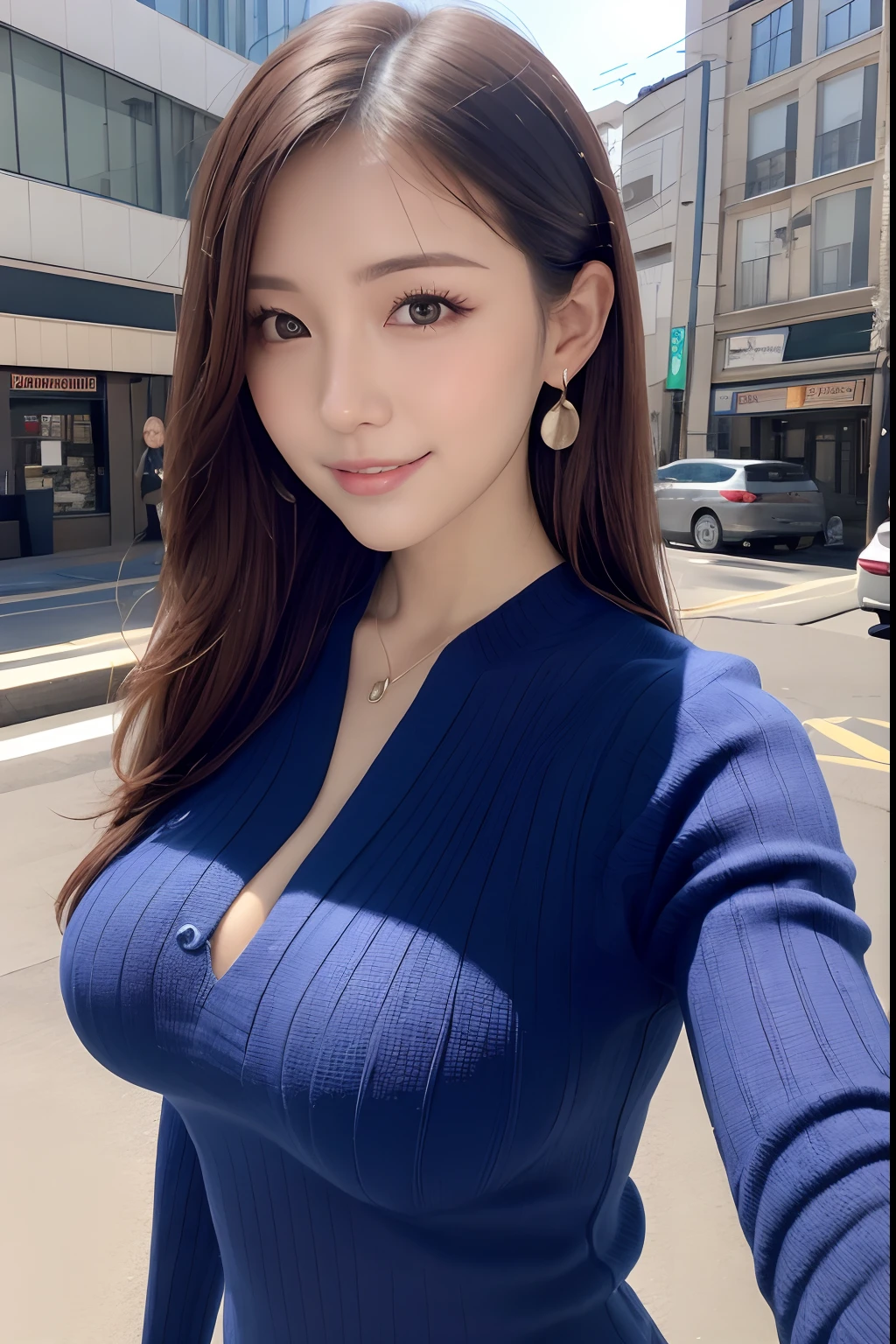 masutepiece, Best Quality, Photorealsitic, finely detail, hight resolution, 8K Wallpapers, Perfect dynamic composition, Beautiful detailed eyes, Medium Hair, large full breasts, Random and sexy poses, Bring your chest together, (Tight Blue Knitwear), Breast bulge, A smile, Urban landscape, 25-years old, drooing eyes, Adult beauty, japanes